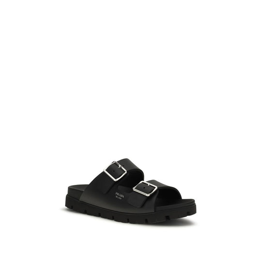 Prada Black Calf Leather Taurus Flat Sandals