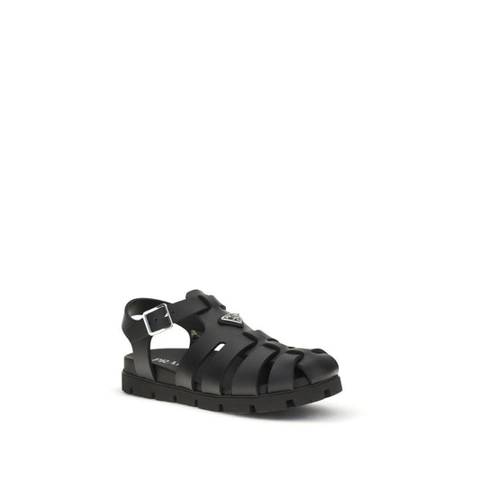 Prada Black Calf Leather Taurus Flat Sandals