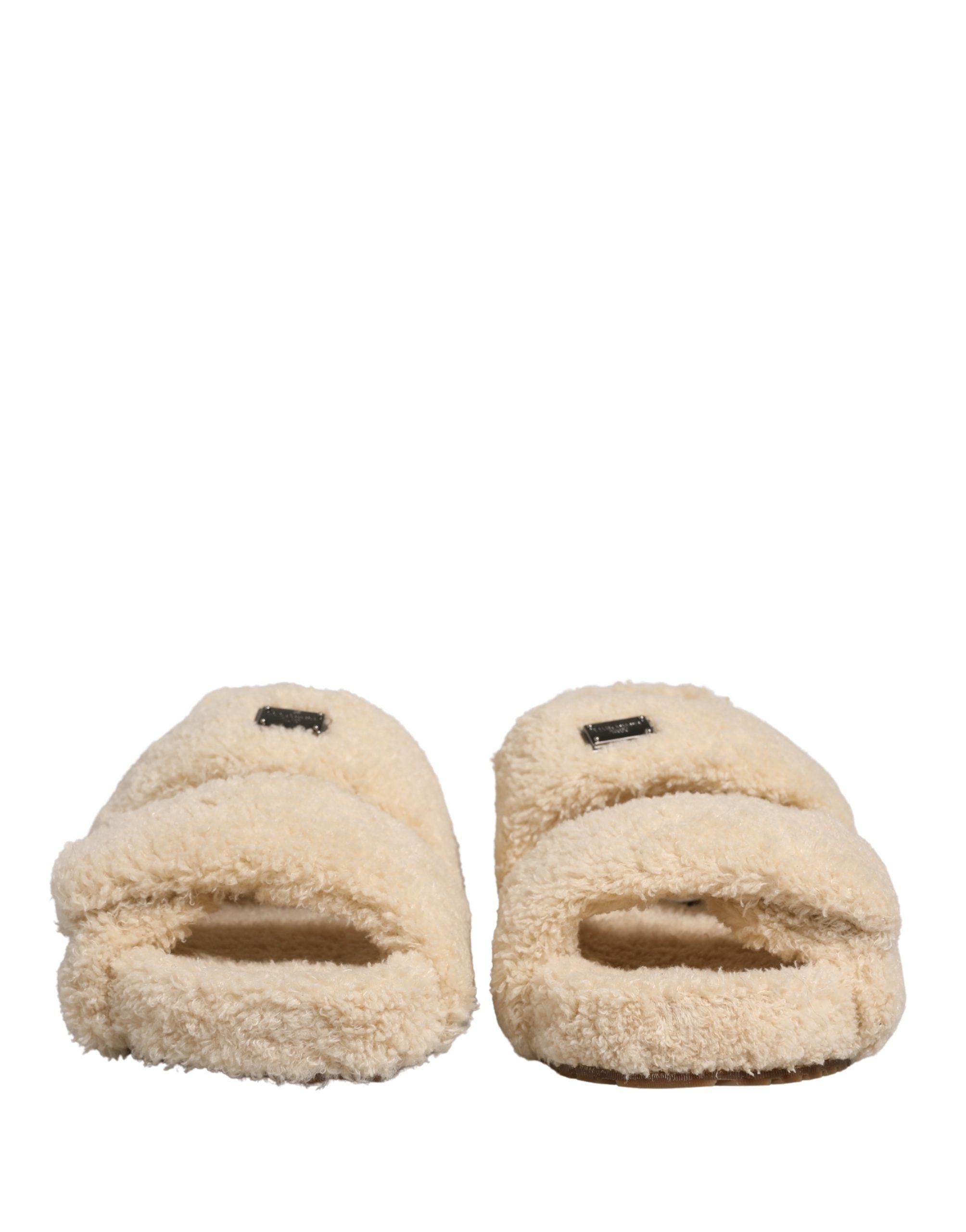 Dolce & Gabbana Beige Faux Fur Slides Heren Platte Sandalen Schoenen
