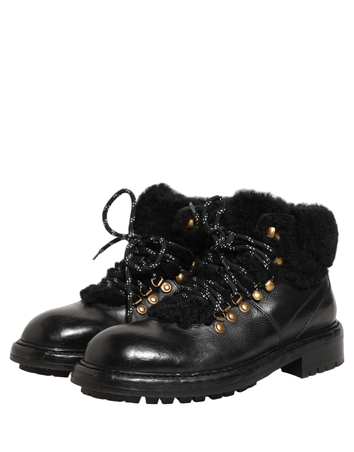 Dolce & Gabbana Zwarte Trekking Bont Veters Leer Laarzen Schoenen