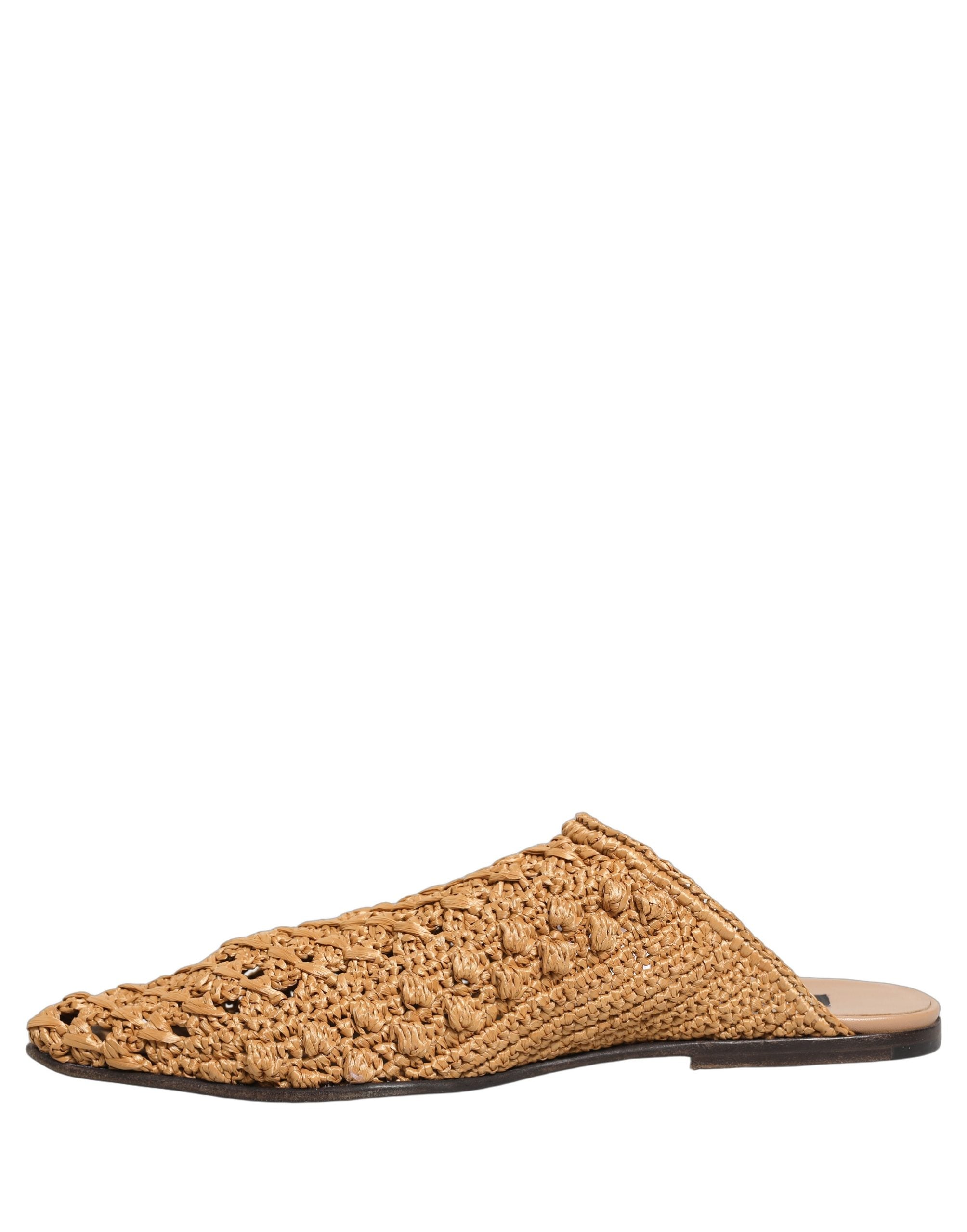 Dolce & Gabbana Beige Woven Straw Slide Sandals Flats Shoes
