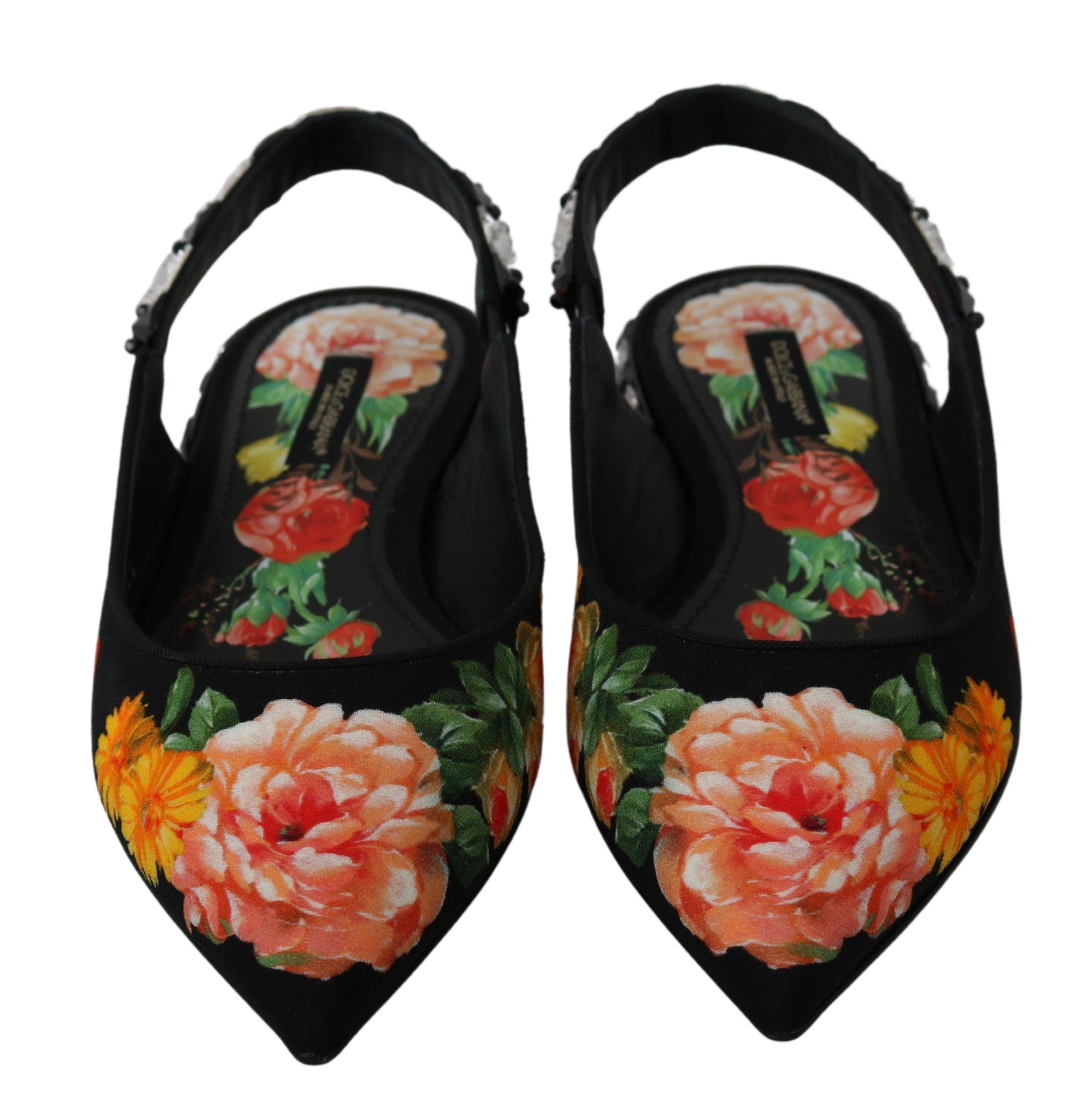 Dolce & Gabbana Zwarte Slingbacks met Bloemen en Kristallen
