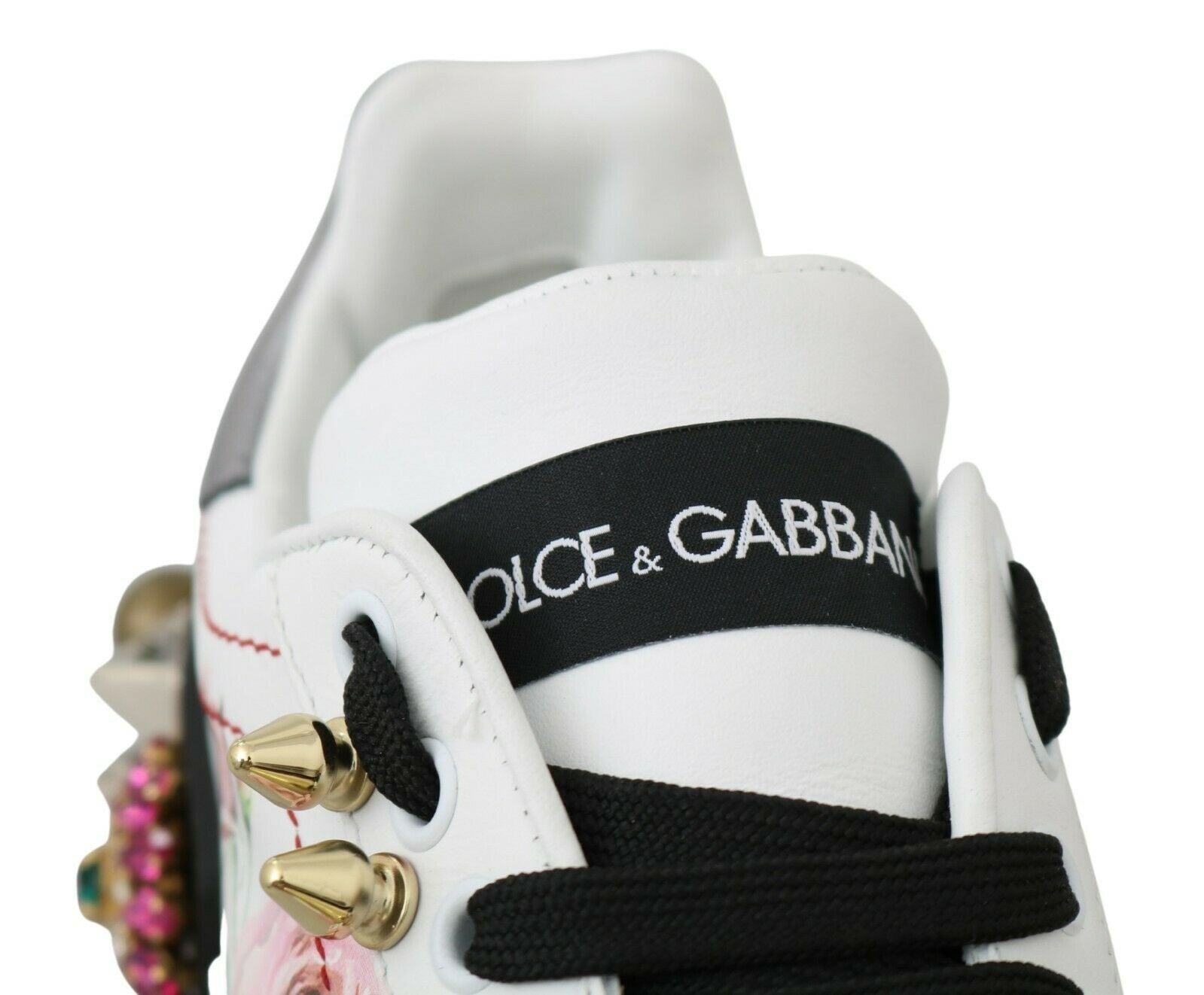 Dolce & Gabbana White Leather Crystal Rose Floral Sneakers Shoes