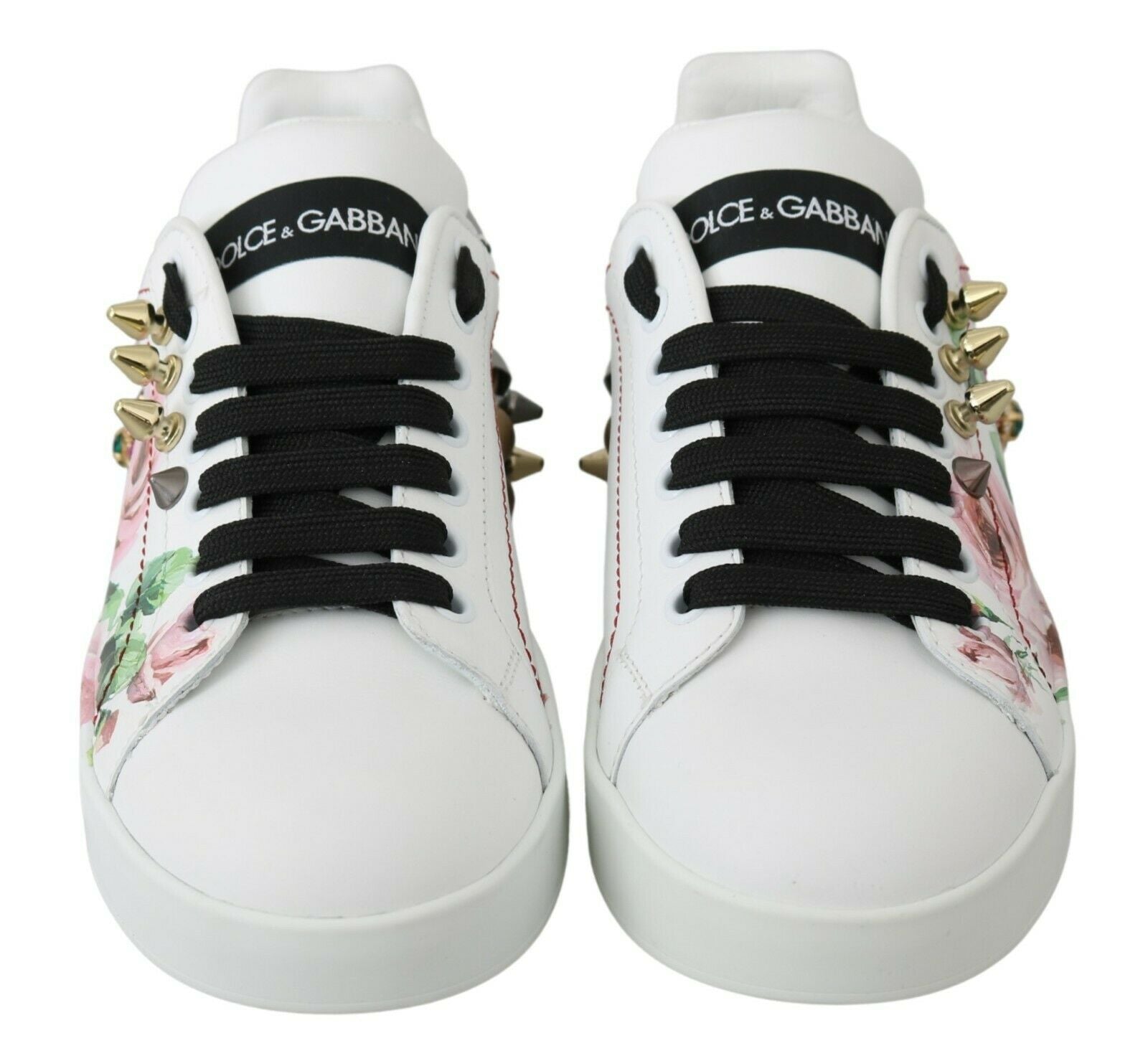 Dolce & Gabbana White Leather Crystal Rose Floral Sneakers Shoes