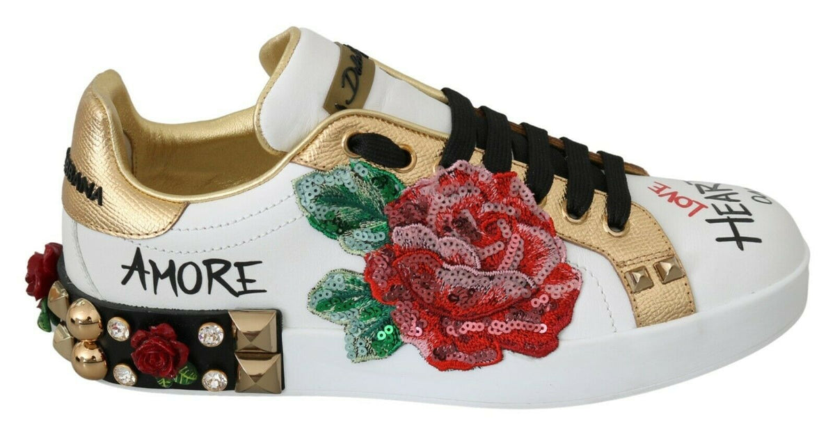 Dolce & Gabbana White Roses Sequined Crystal Women's Sneakers Shoes
