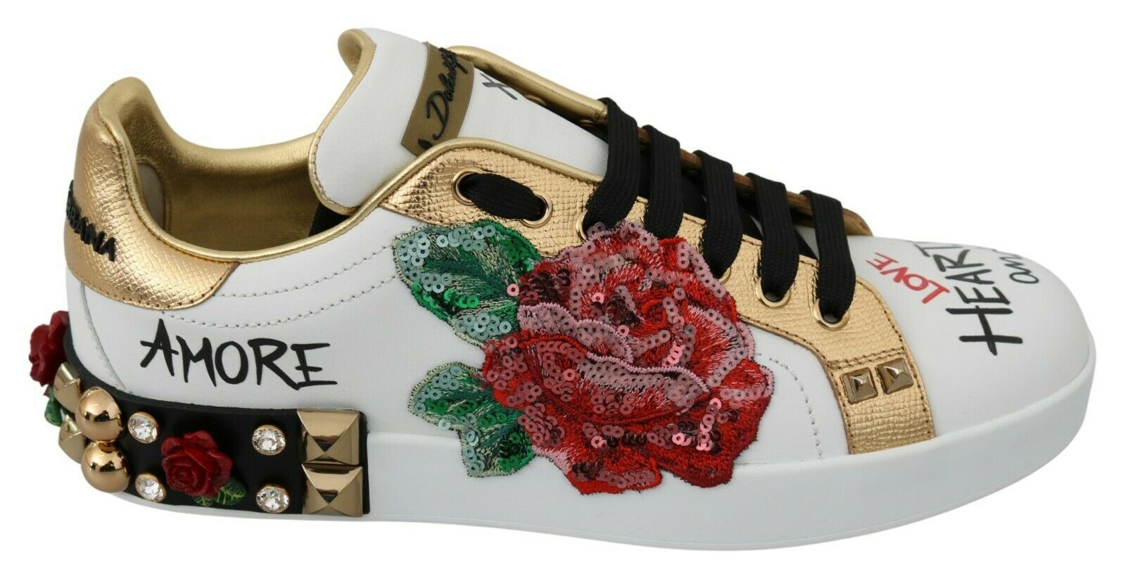 Dolce & Gabbana White Roses Sequined Crystal Women's Sneakers Shoes