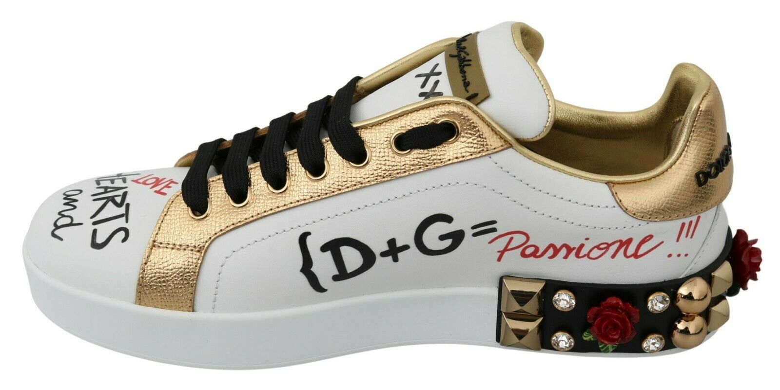 Dolce & Gabbana White Roses Sequined Crystal Women's Sneakers Shoes