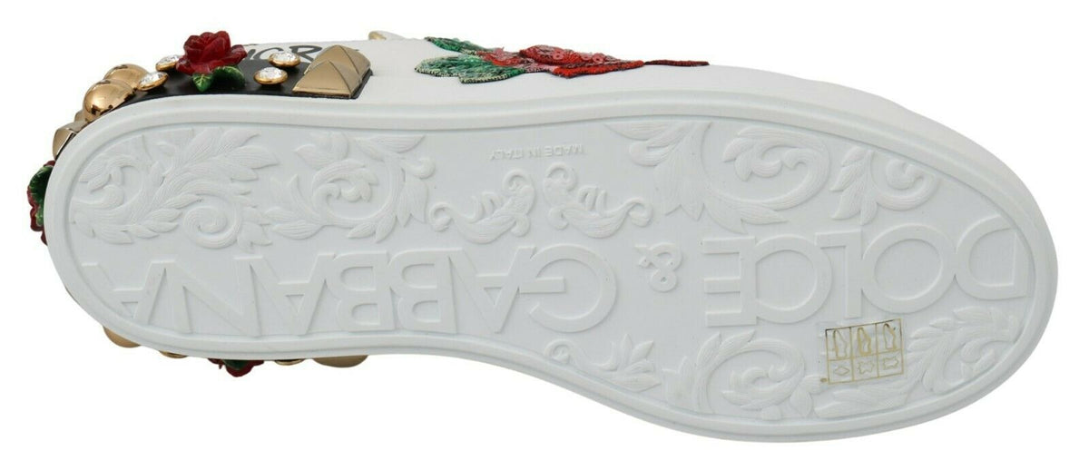 Dolce & Gabbana White Roses Sequined Crystal Women's Sneakers Shoes