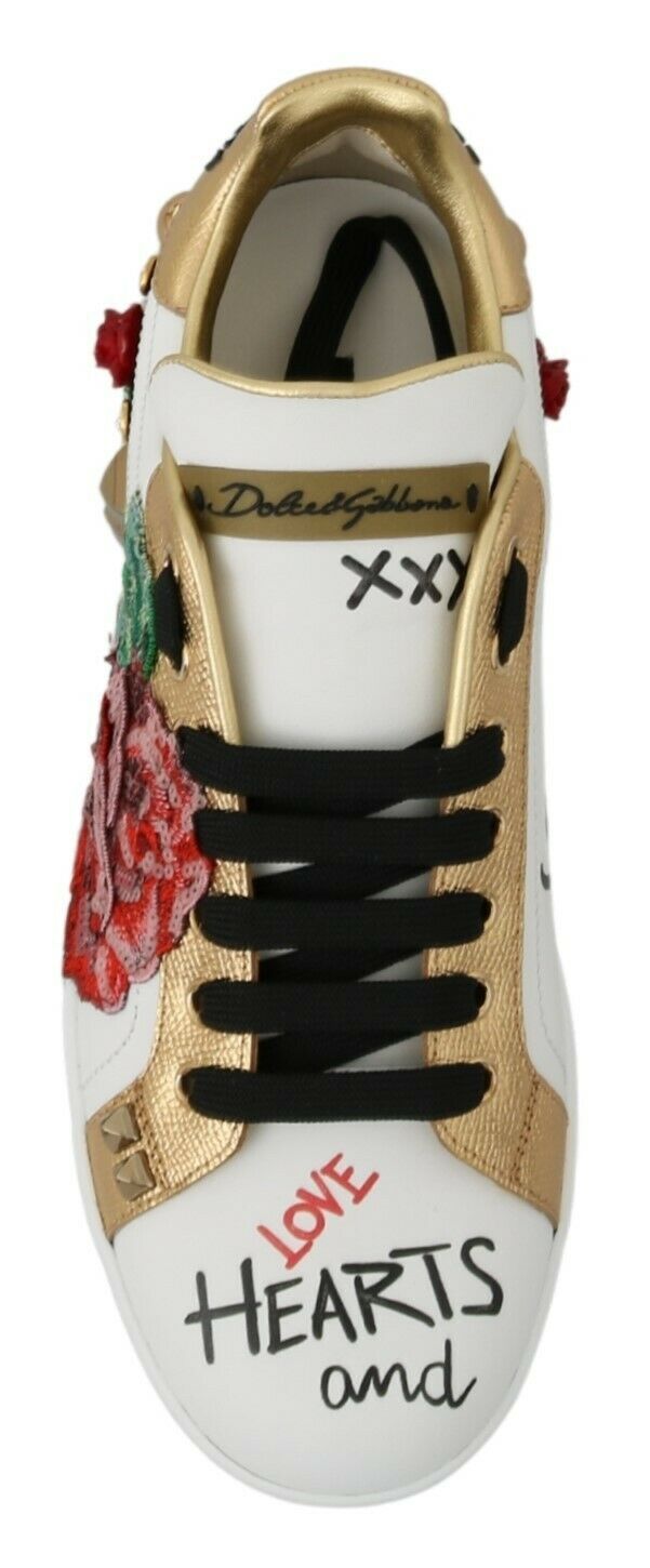Dolce & Gabbana White Roses Sequined Crystal Women's Sneakers Shoes