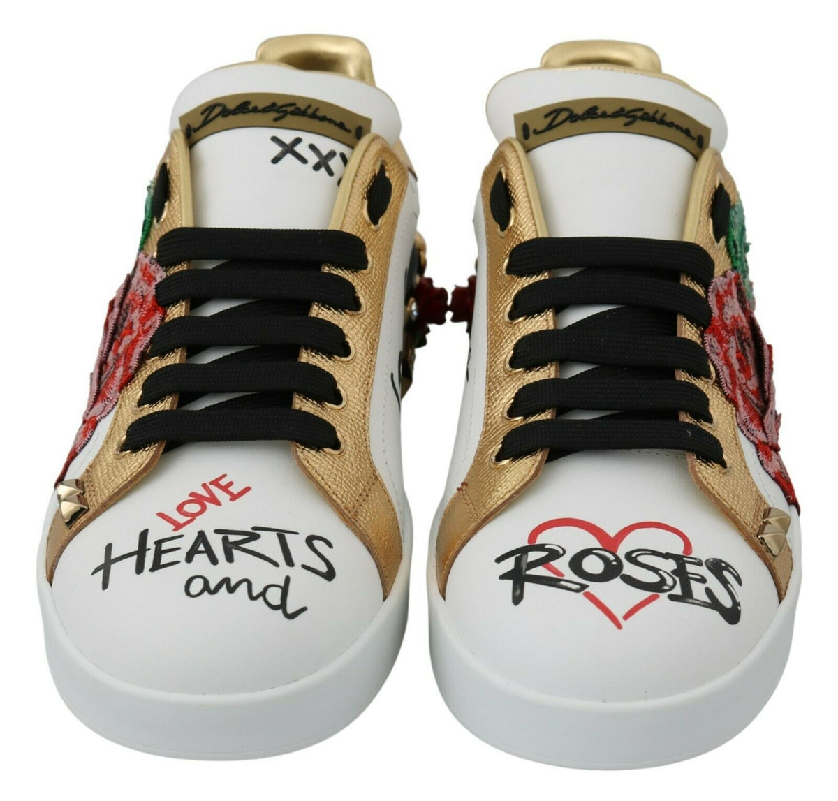 Dolce & Gabbana White Roses Sequined Crystal Women's Sneakers Shoes