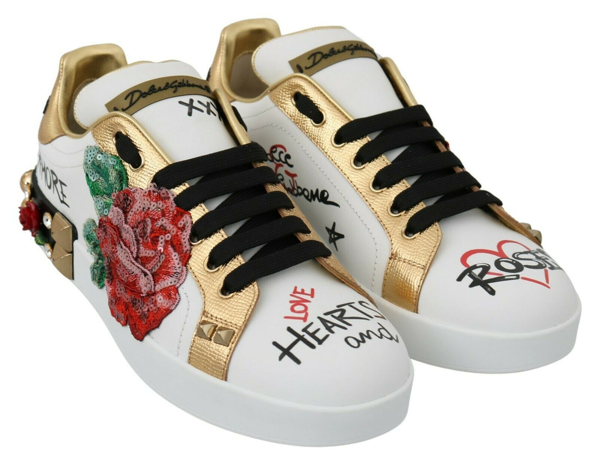 Dolce & Gabbana White Roses Sequined Crystal Women's Sneakers Shoes