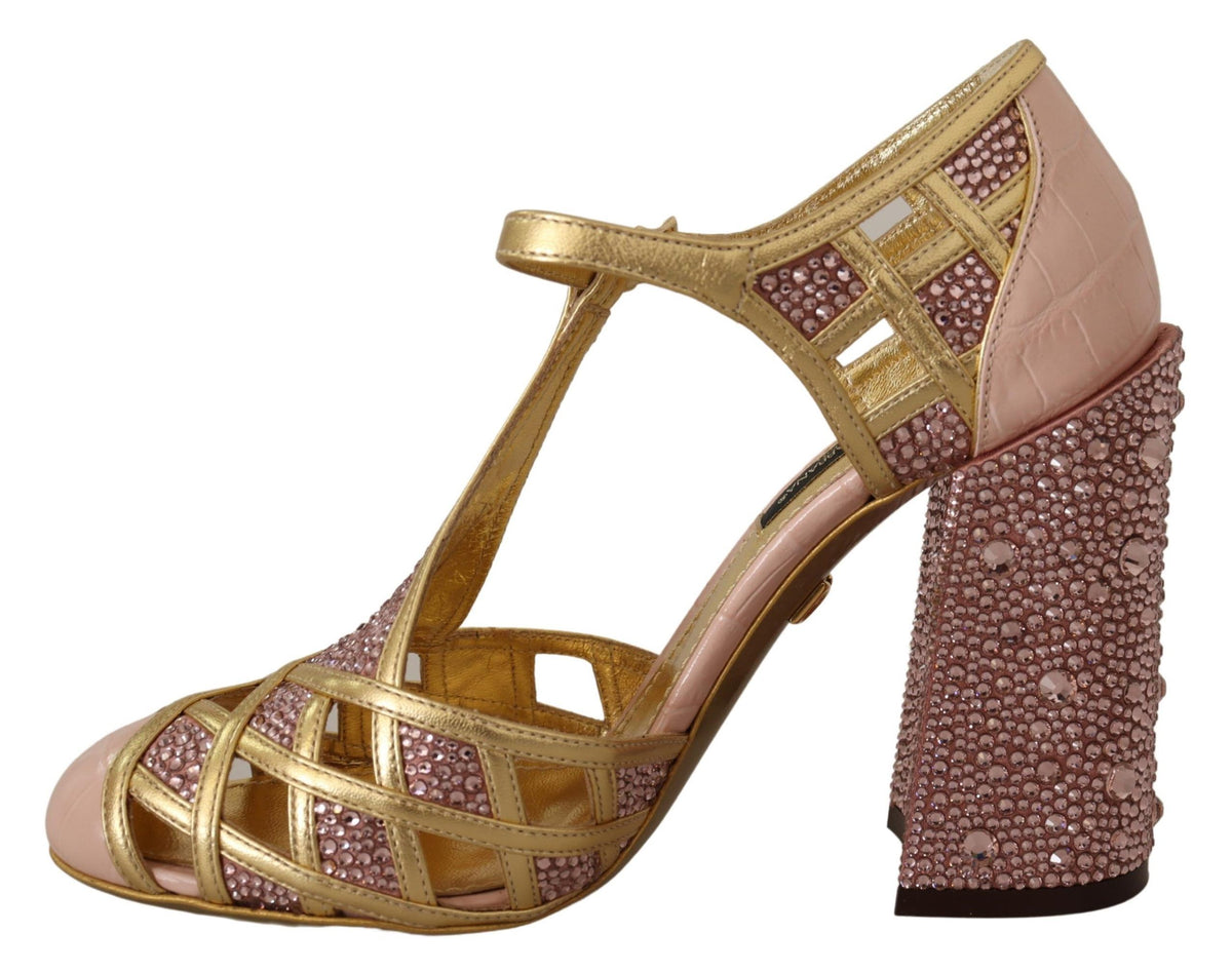 Dolce & Gabbana Pink Gold Leather Crystal T-strap Pumps