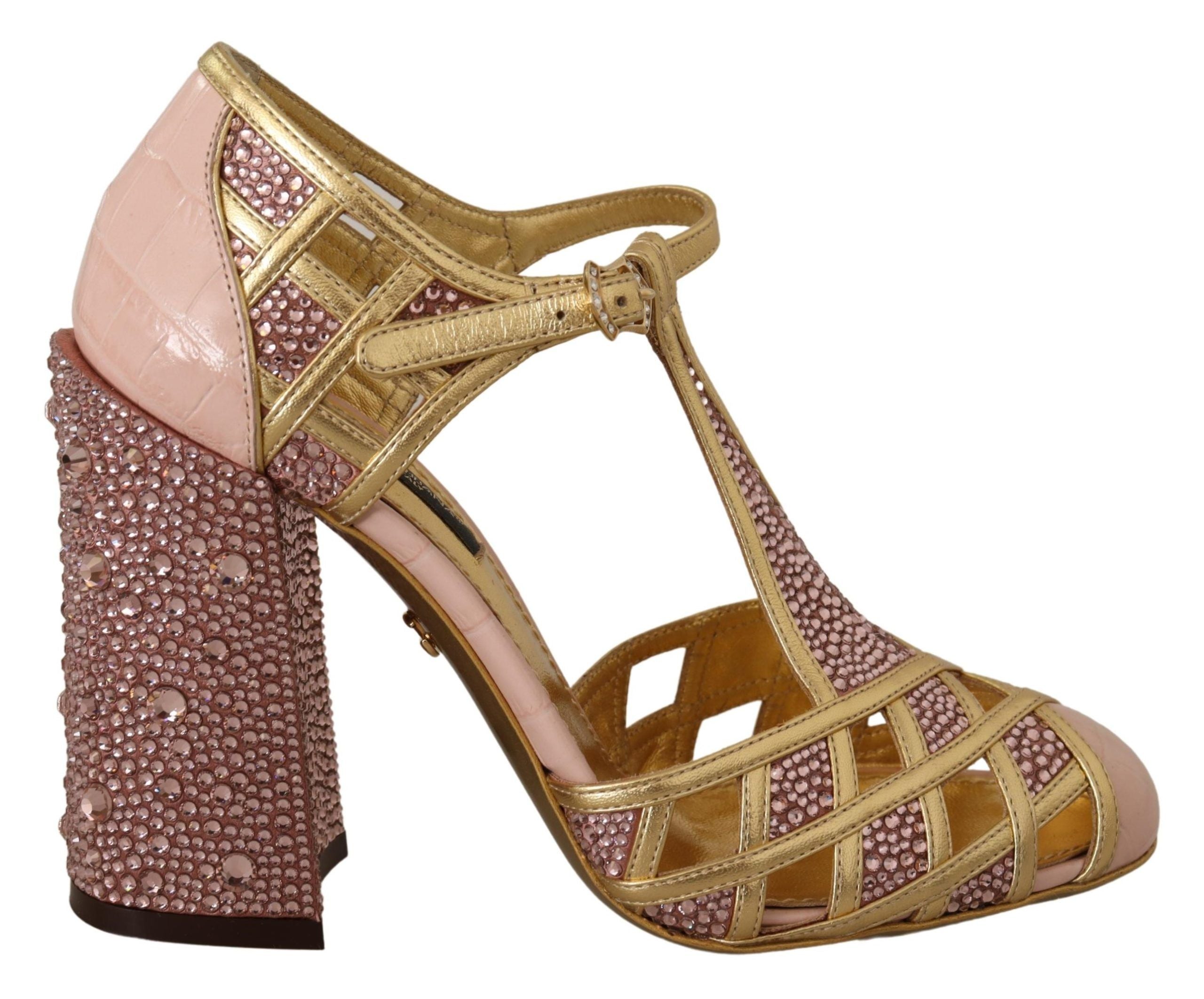Dolce & Gabbana Pink Gold Leather Crystal T-strap Pumps