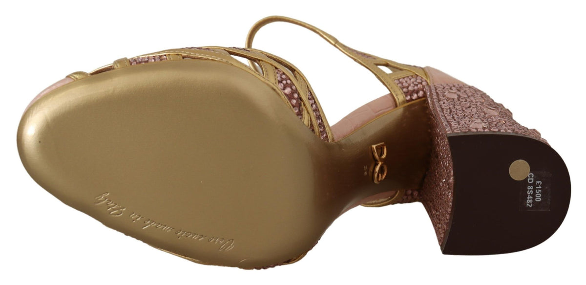 Dolce & Gabbana Pink Gold Leather Crystal T-strap Pumps