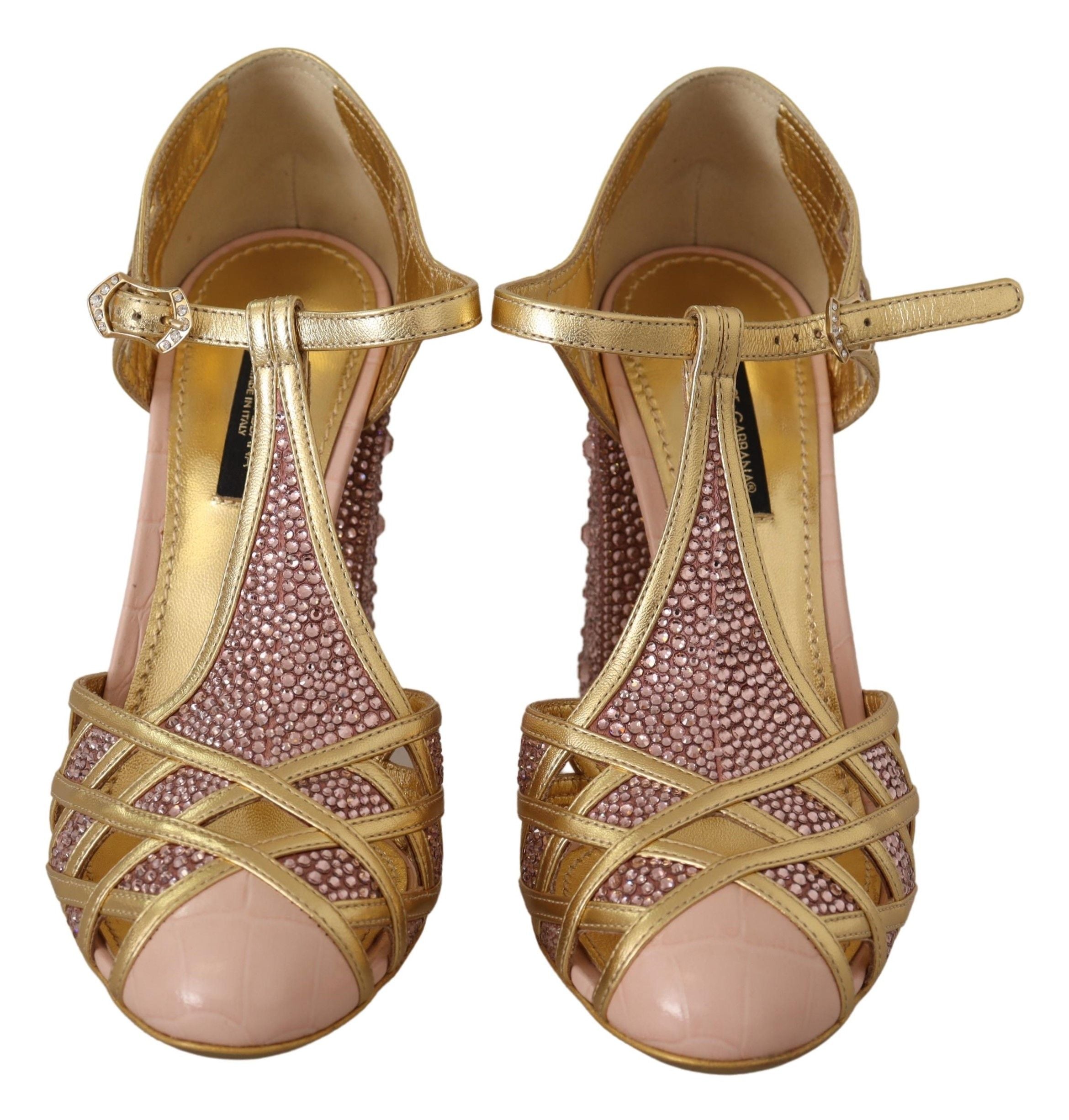Dolce & Gabbana Pink Gold Leather Crystal T-strap Pumps