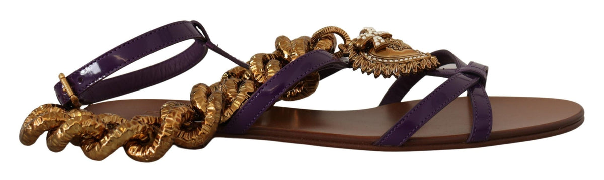 Dolce & Gabbana Purple Leather Devotion Flat Sandals Shoes