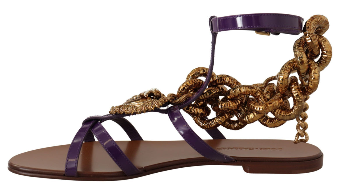 Dolce & Gabbana Purple Leather Devotion Flat Sandals Shoes
