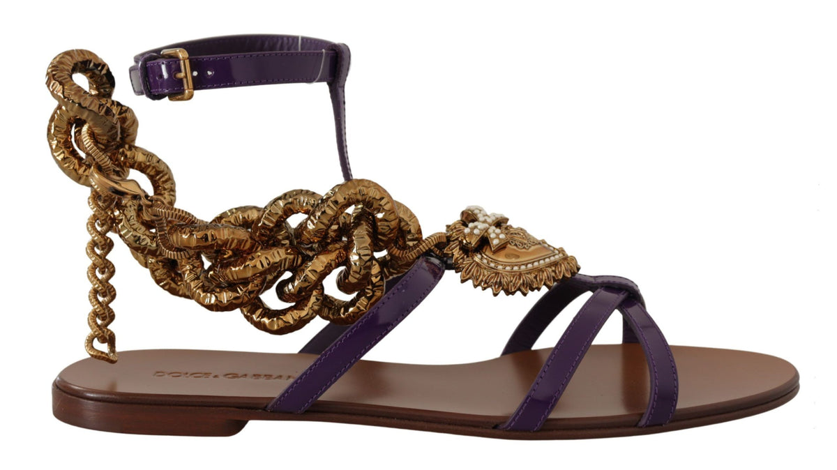 Dolce & Gabbana Purple Leather Devotion Flat Sandals Shoes