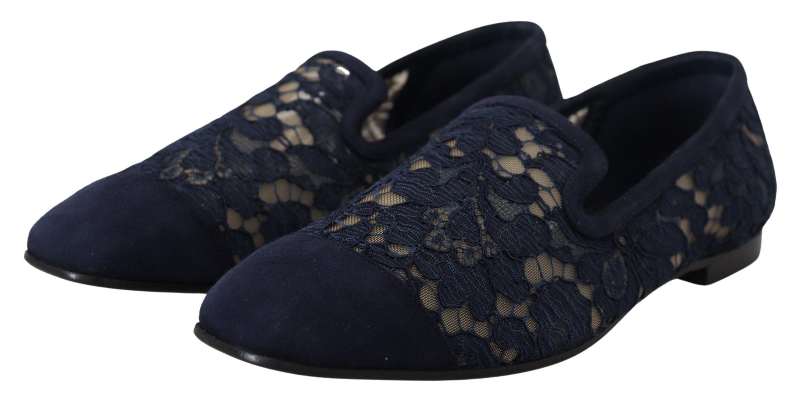 Dolce & Gabbana Blauwe Bloemmotief Kanten Slip-Ons Loafers Platte Schoenen