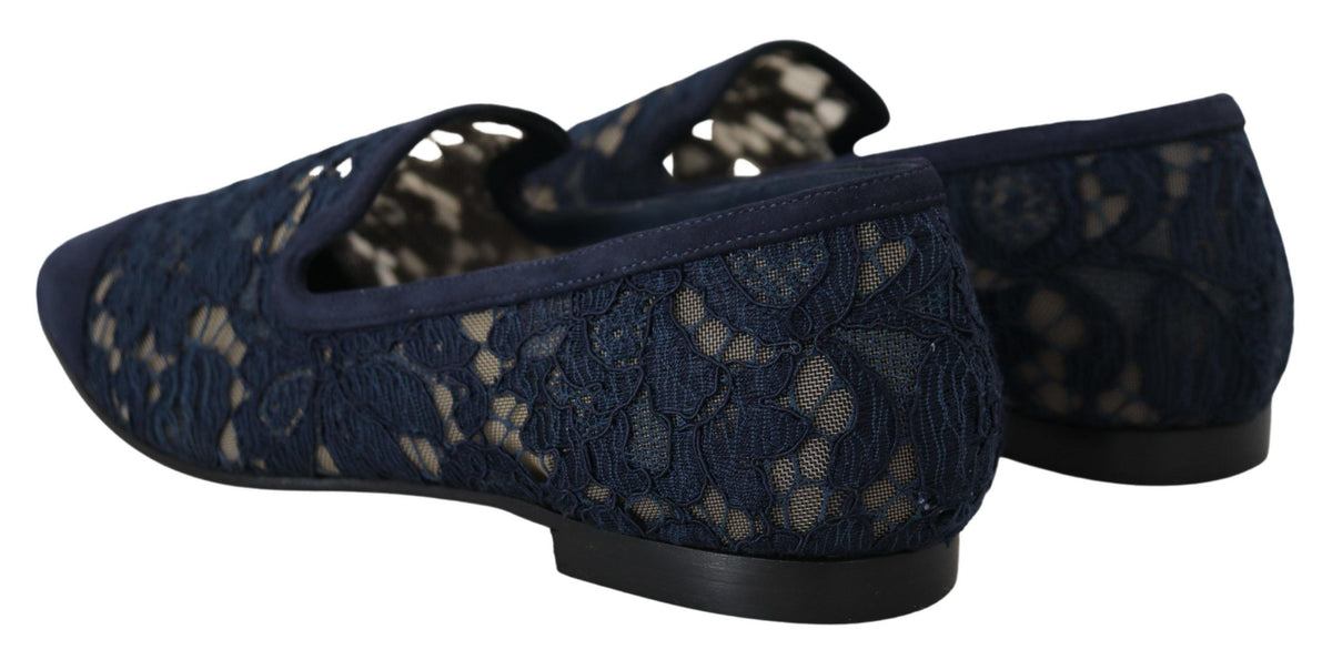 Dolce & Gabbana Blauwe Bloemmotief Kanten Slip-Ons Loafers Platte Schoenen