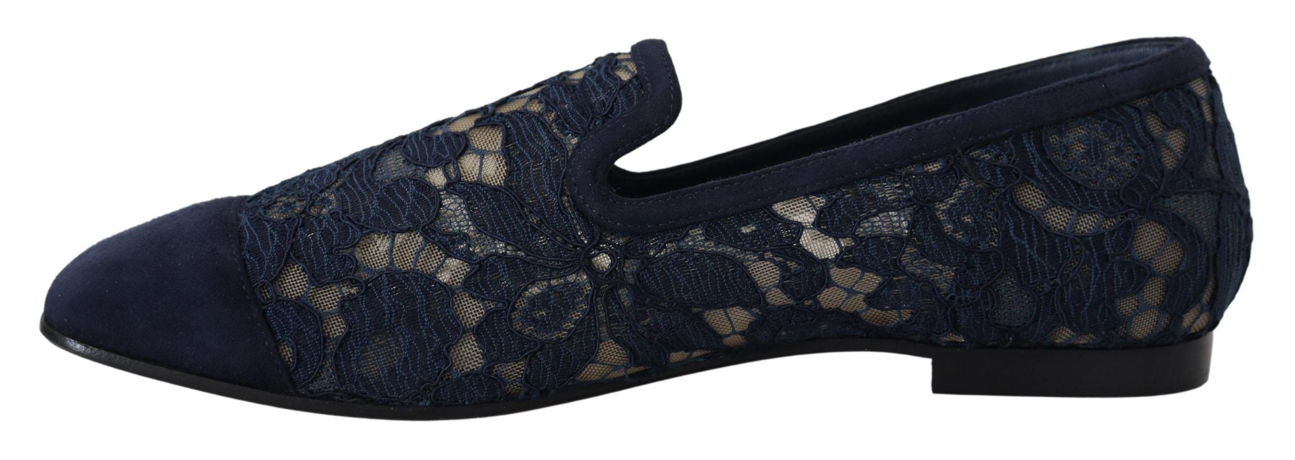 Dolce & Gabbana Blauwe Bloemmotief Kanten Slip-Ons Loafers Platte Schoenen