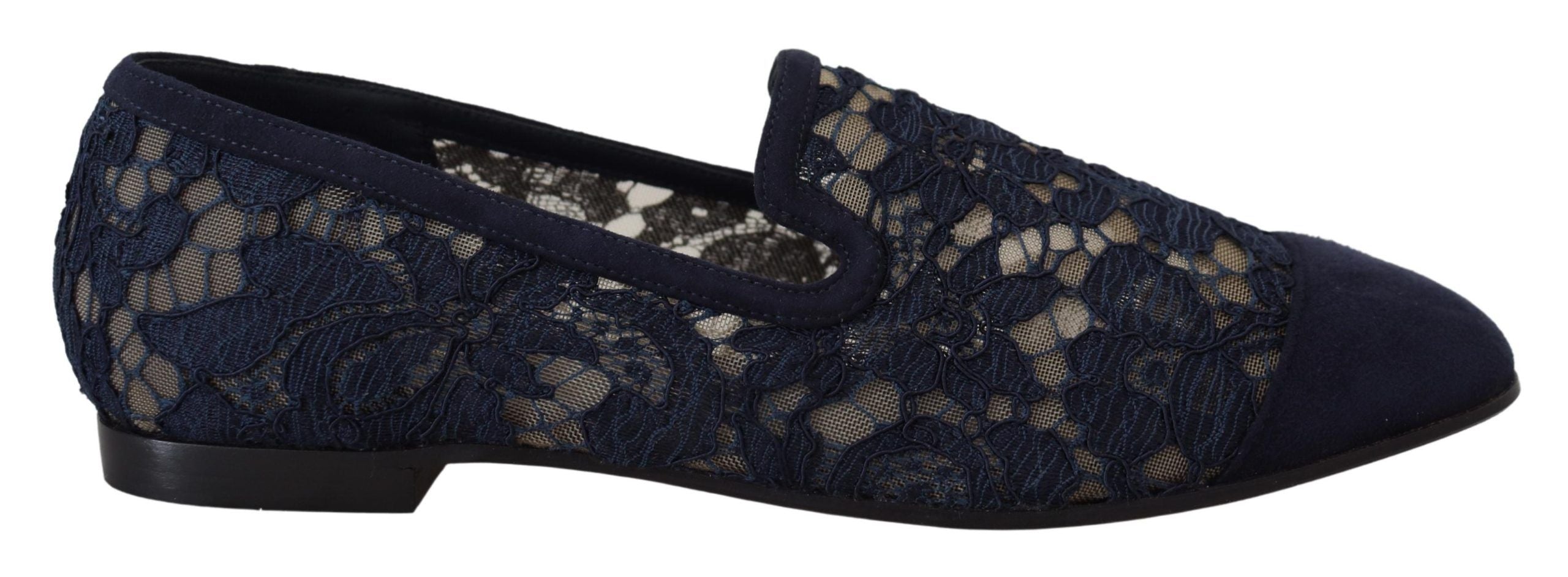 Dolce & Gabbana Blauwe Bloemmotief Kanten Slip-Ons Loafers Platte Schoenen