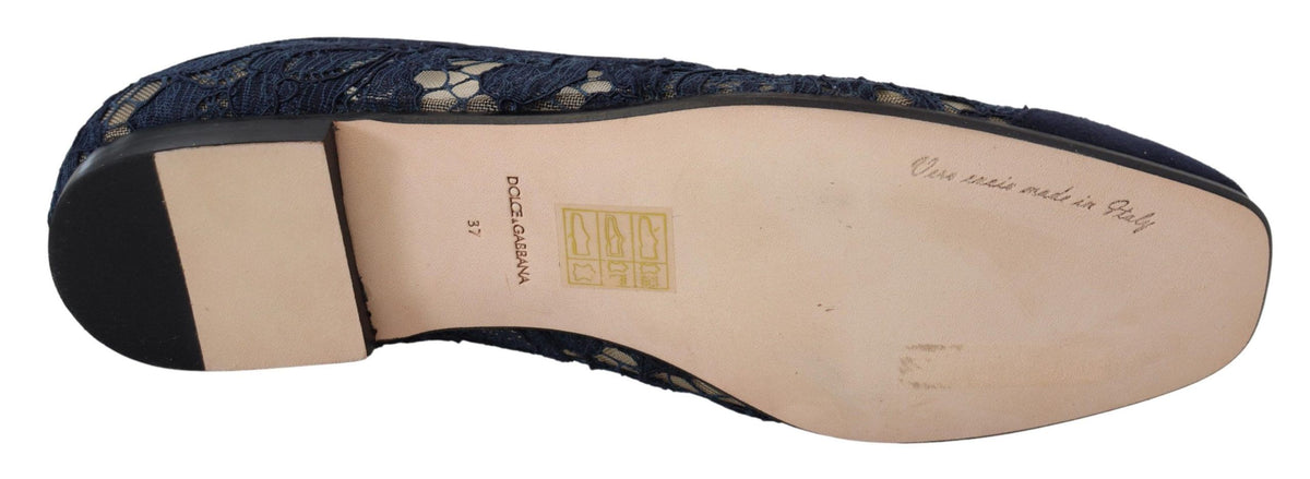 Dolce & Gabbana Blauwe Bloemmotief Kanten Slip-Ons Loafers Platte Schoenen