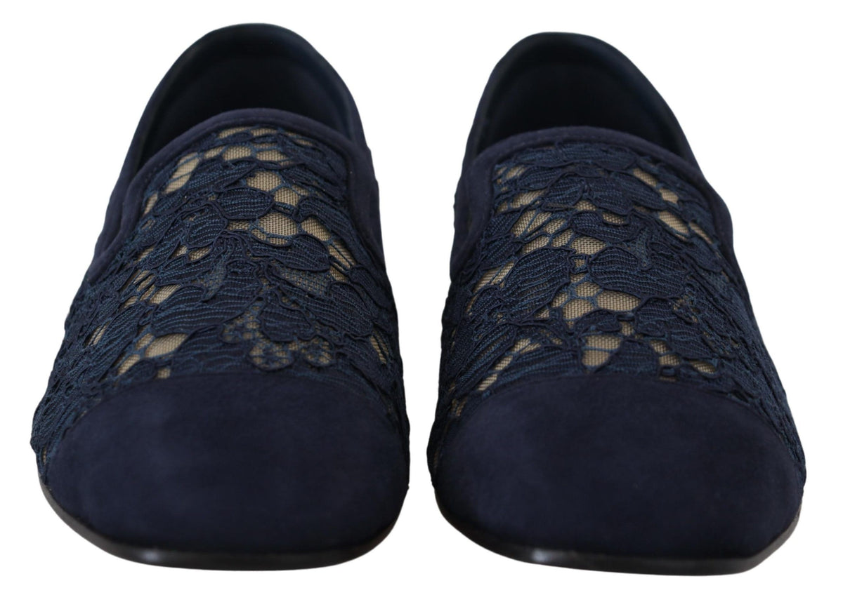 Dolce & Gabbana Blauwe Bloemmotief Kanten Slip-Ons Loafers Platte Schoenen