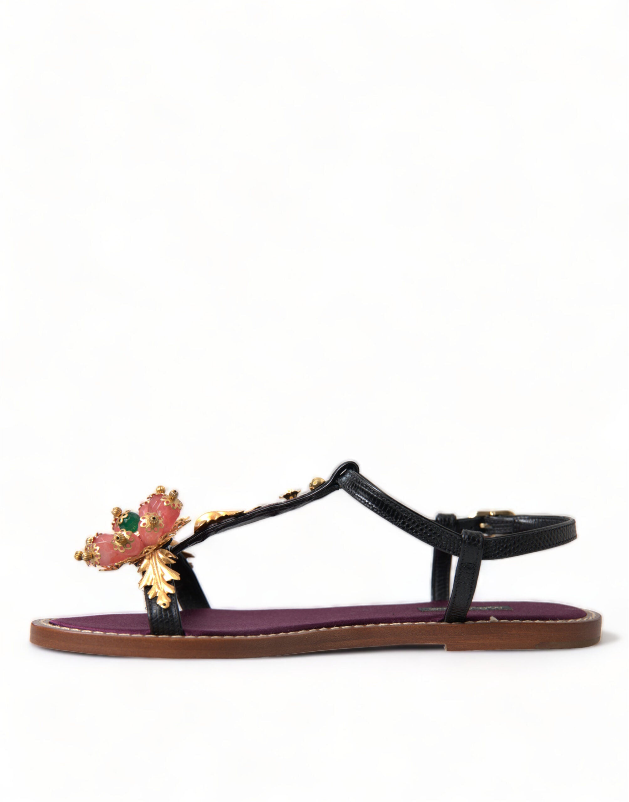 Dolce & Gabbana Zwarte Kristal Gouden Sandalen Leren Schoenen