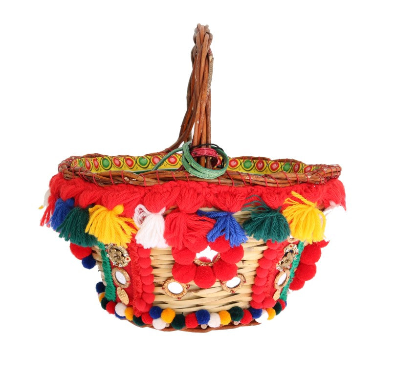 Dolce & Gabbana Multicolor AGNESE Straw Crystal Pom Pom Bag