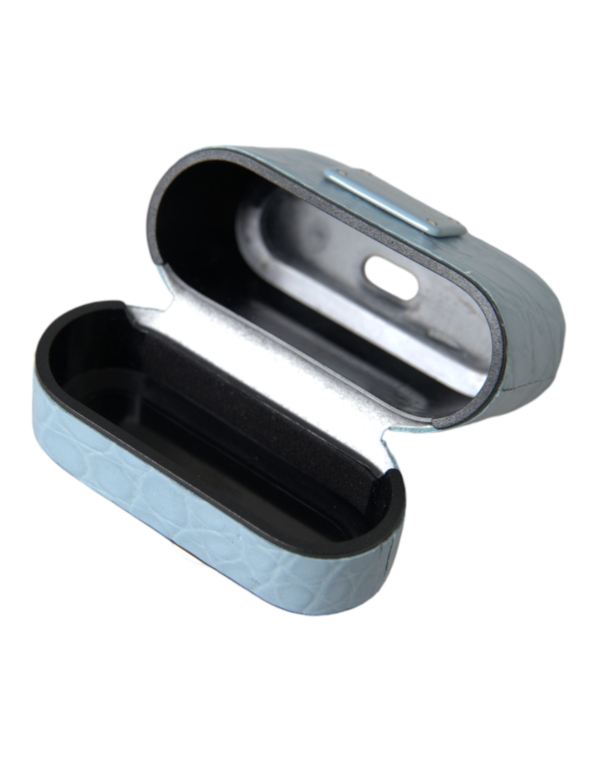 Dolce & Gabbana Lichtblauwe Leren Metalen Logo Plaquette Airpods Hoesje