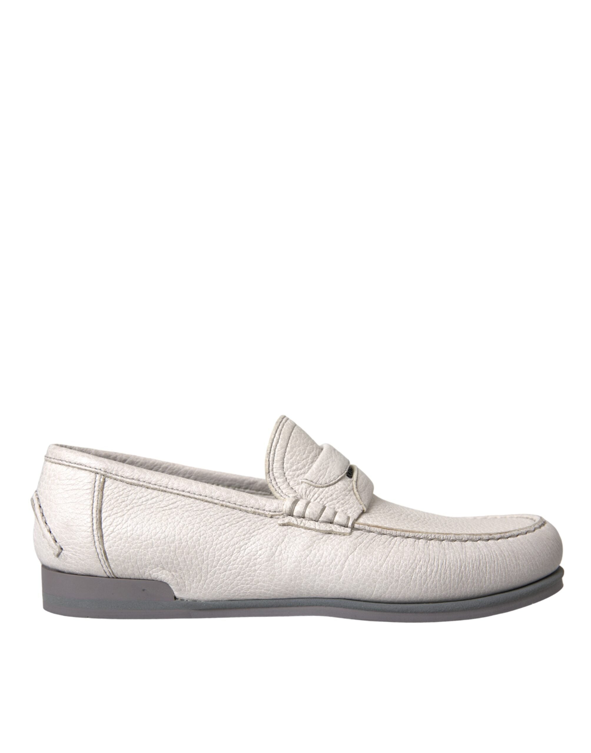 Dolce & Gabbana White Gray Leather Slip-On Moccasin Loafer Shoes