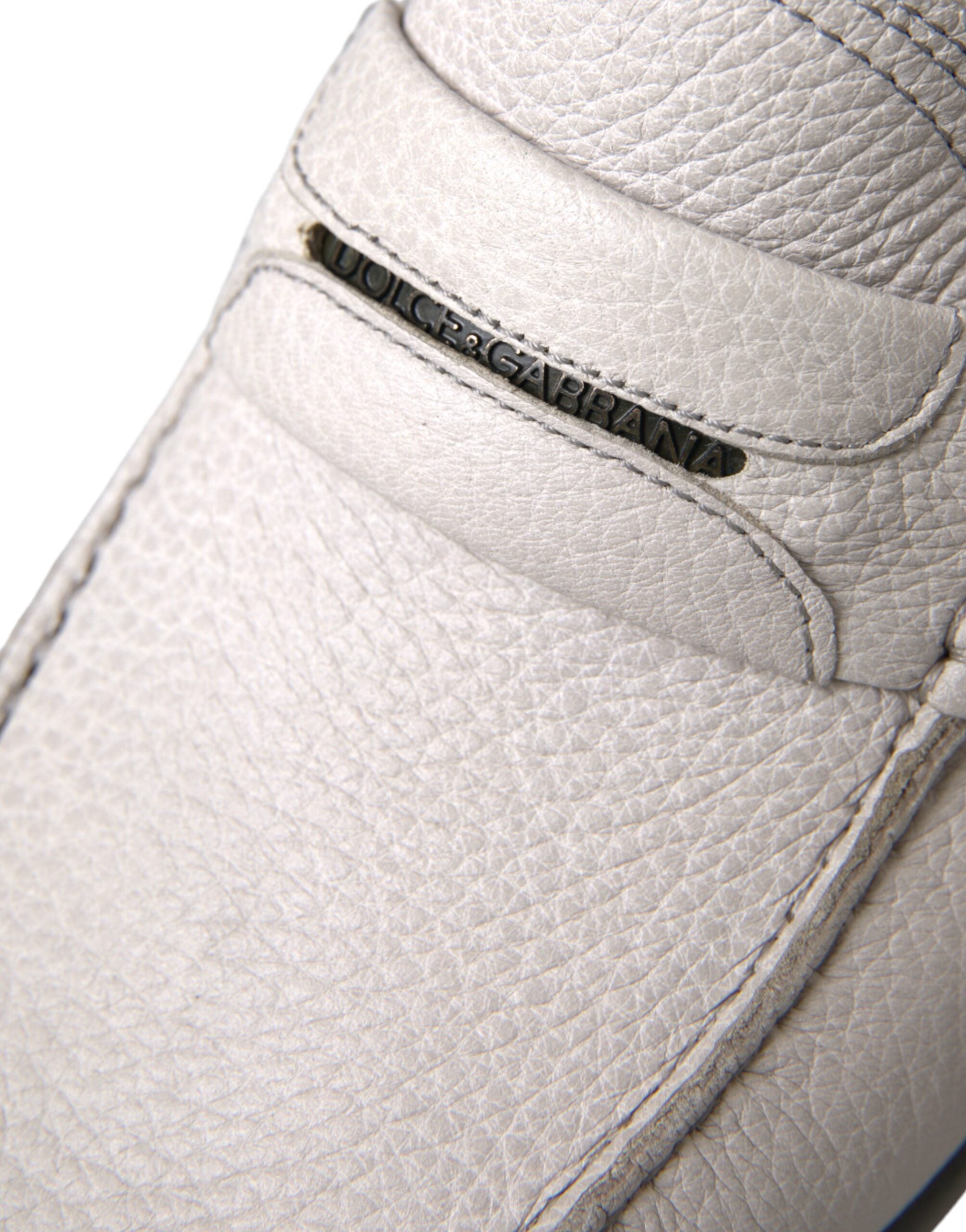 Dolce & Gabbana White Gray Leather Slip-On Moccasin Loafer Shoes