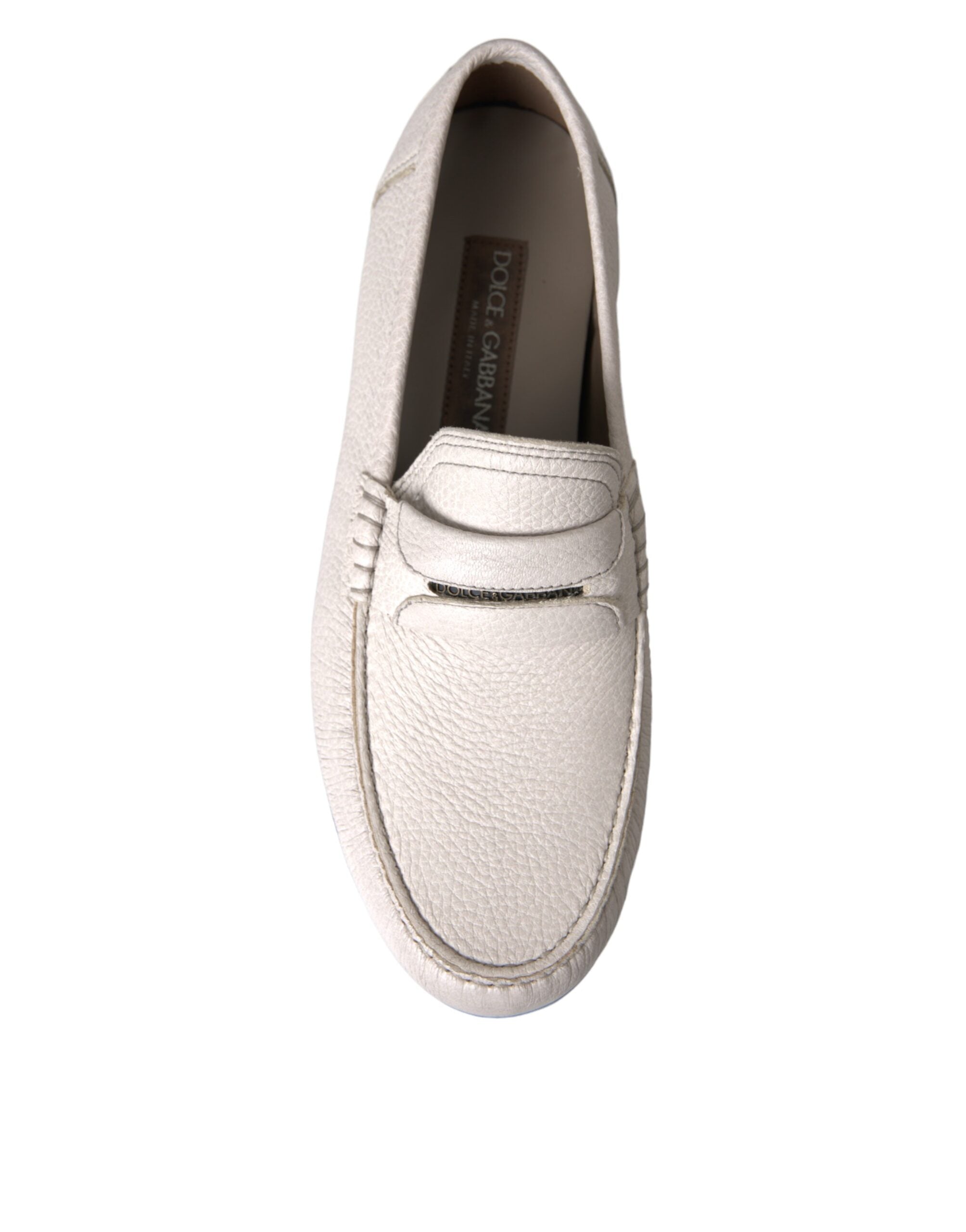 Dolce & Gabbana White Gray Leather Slip-On Moccasin Loafer Shoes