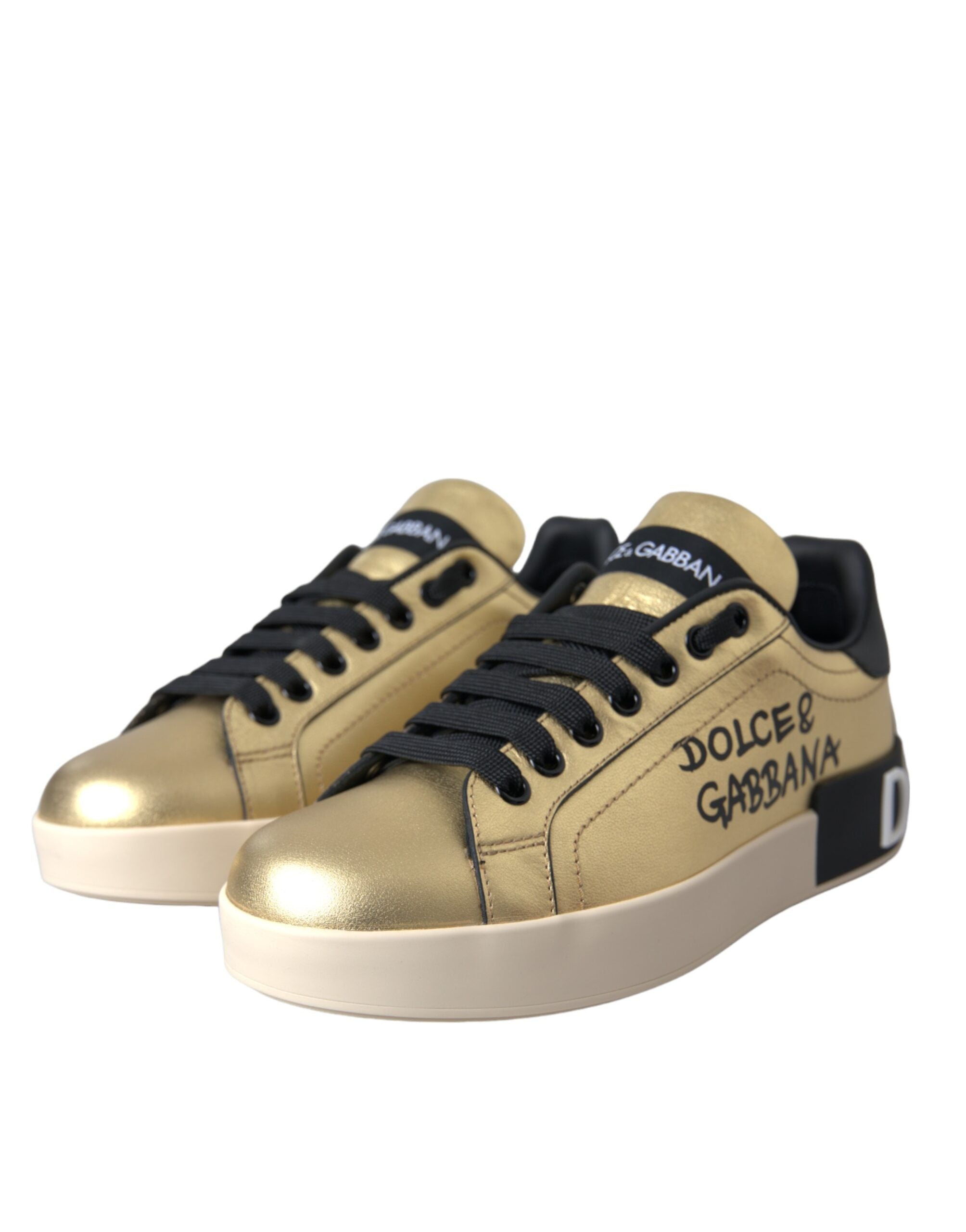 Dolce & Gabbana Gold Portofino Calf Leather Sneakers Women's Shoes