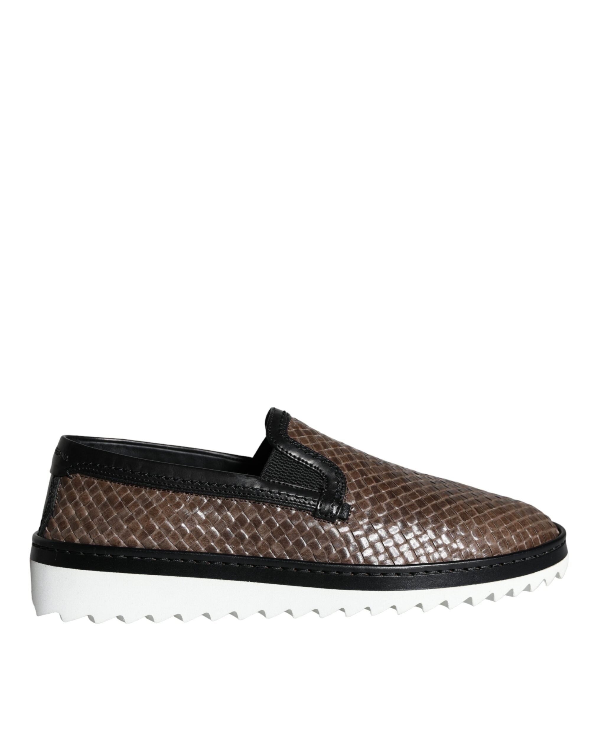 Dolce & Gabbana Brown Black Leather Woven Men's Loafers Shoes