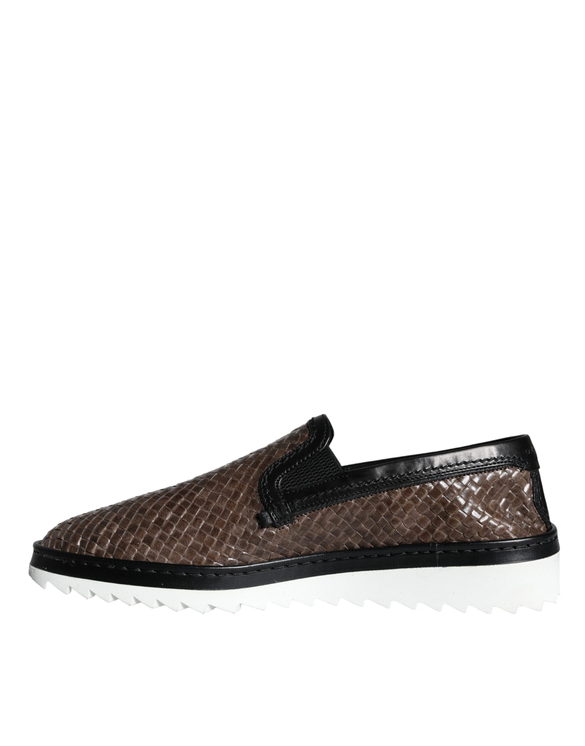 Dolce & Gabbana Brown Black Leather Woven Men's Loafers Shoes