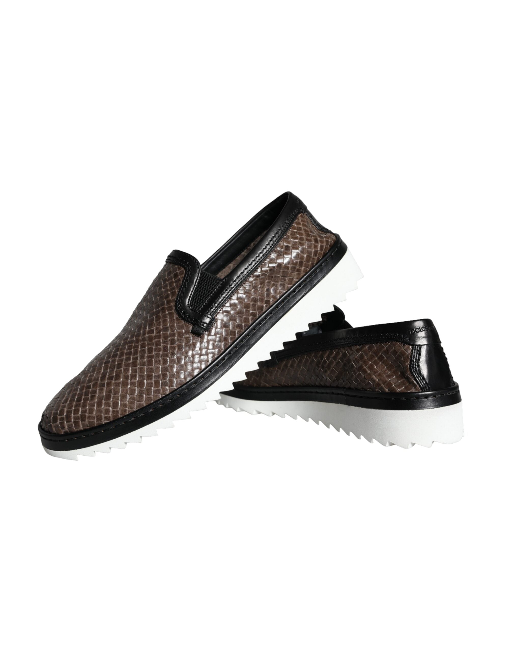 Dolce & Gabbana Brown Black Leather Woven Men's Loafers Shoes
