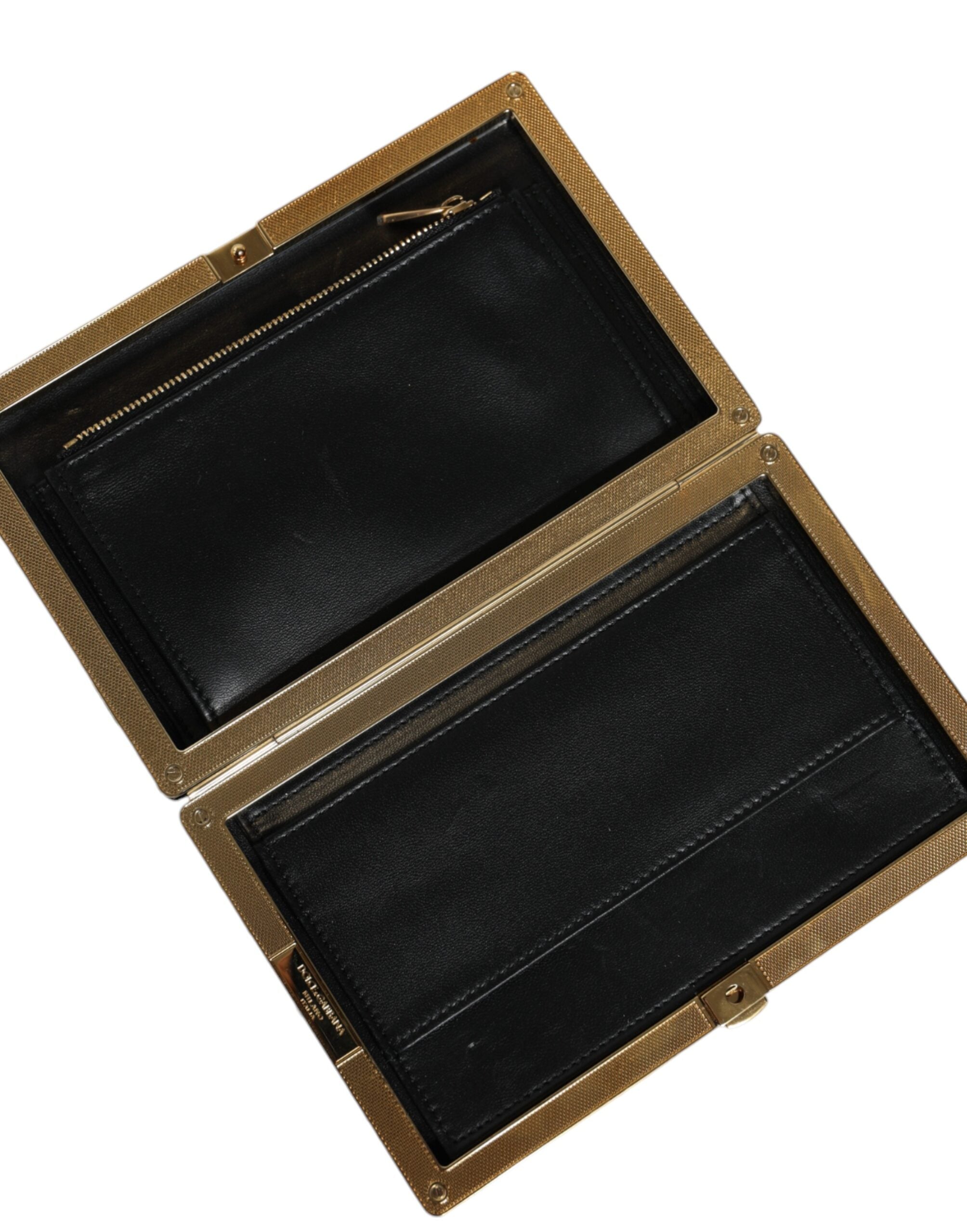 Pochette de soirée Dolce & Gabbana noire et dorée avec cadre blanc