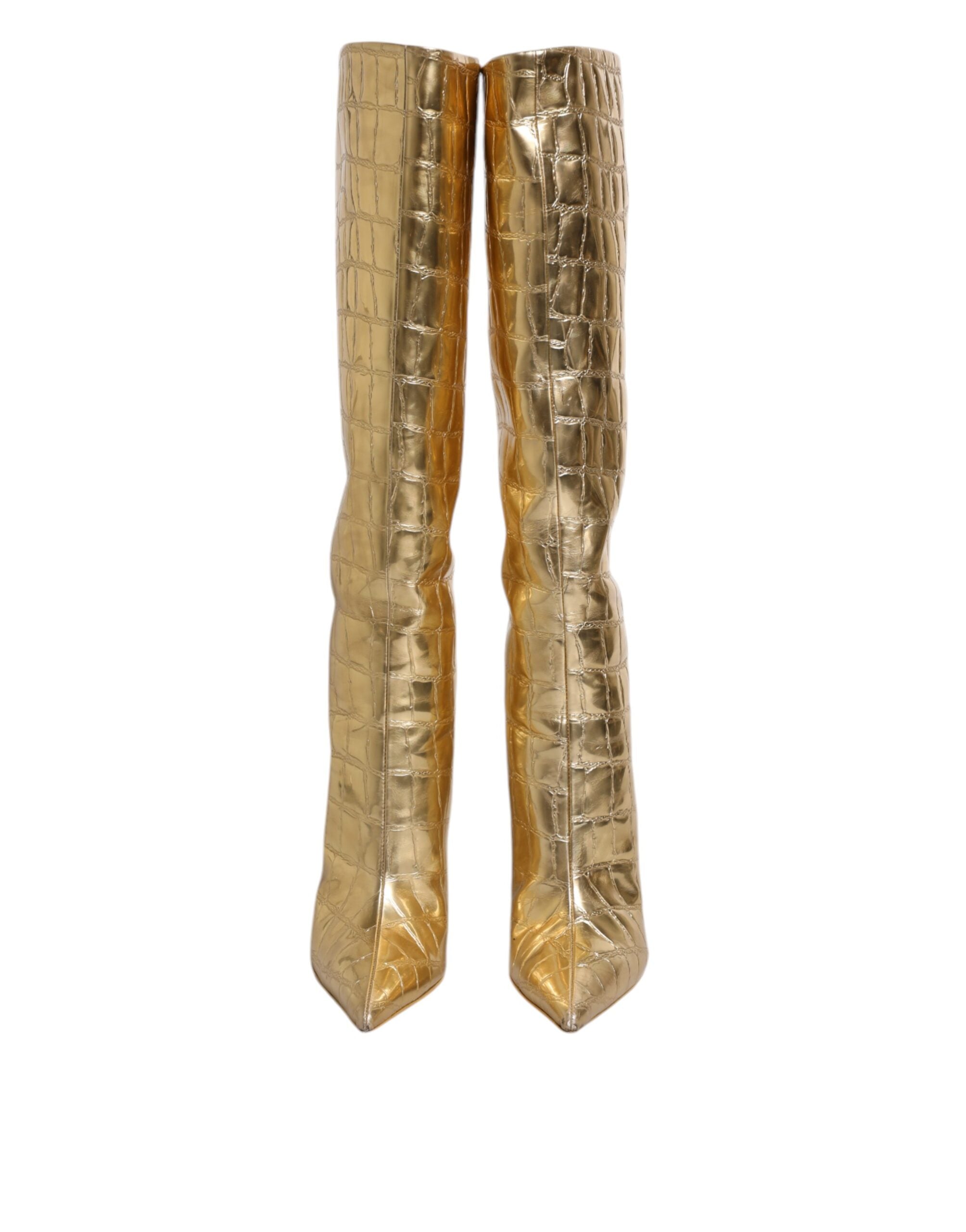 Dolce & Gabbana Gold Leather Stiletto Heel High Boots Shoes