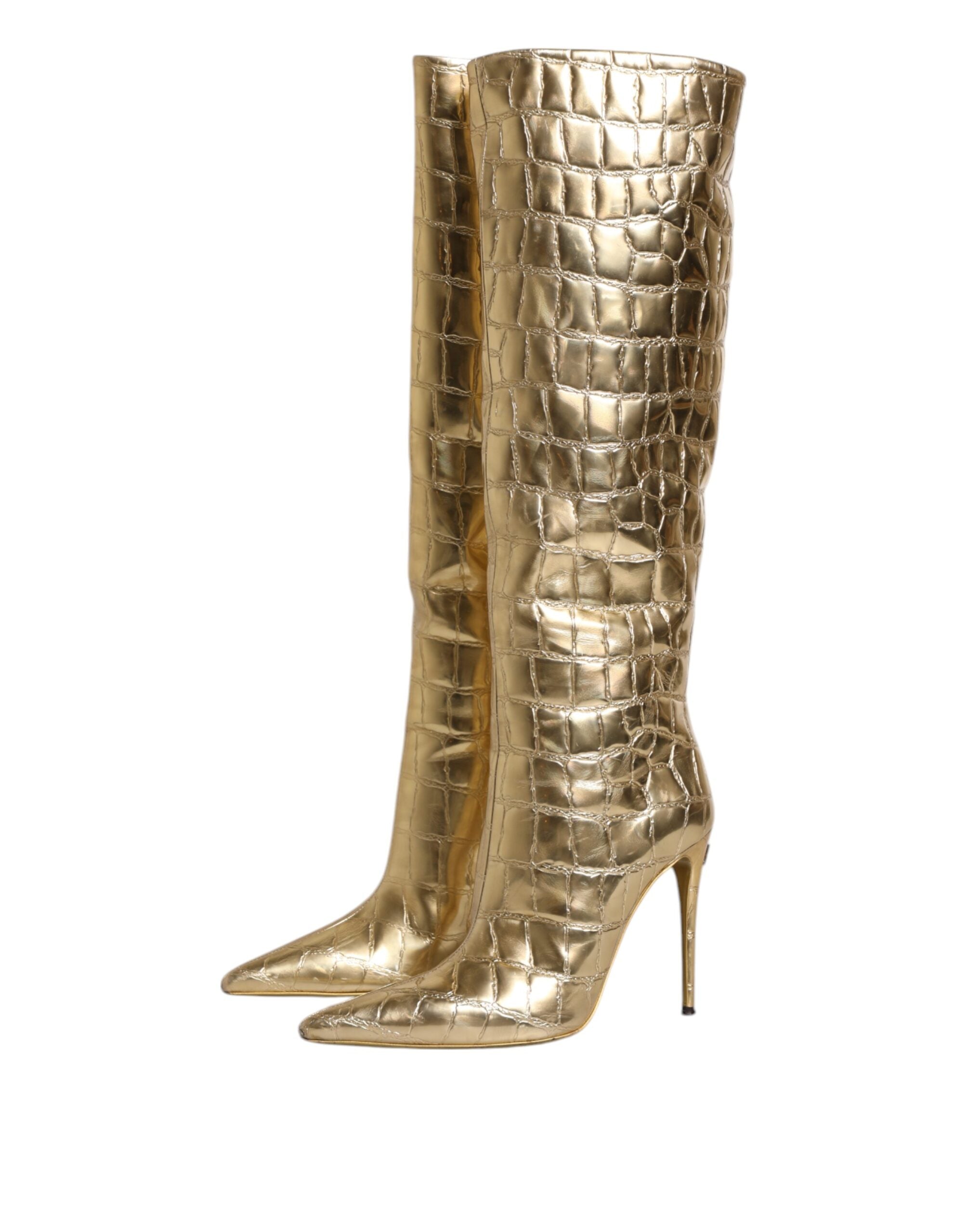 Dolce & Gabbana Gold Leather Stiletto Heel High Boots Shoes