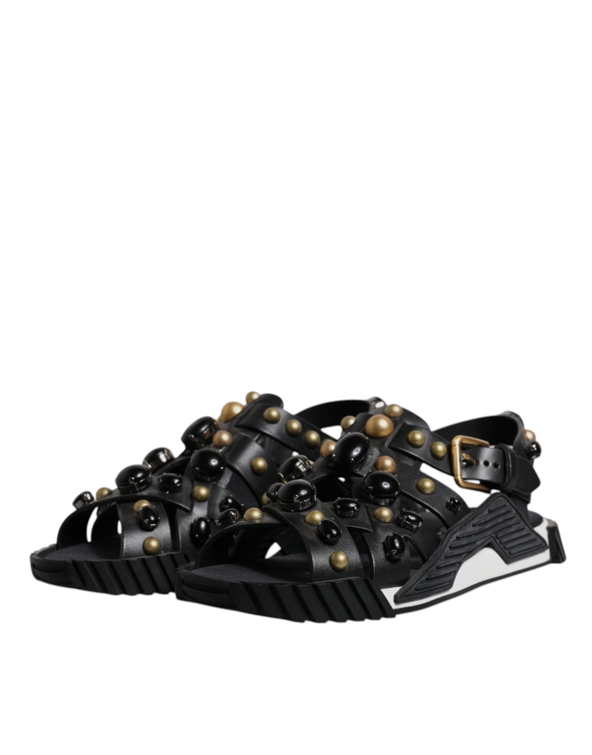 Dolce & Gabbana Black Leather Studded Slide Sandals Shoes