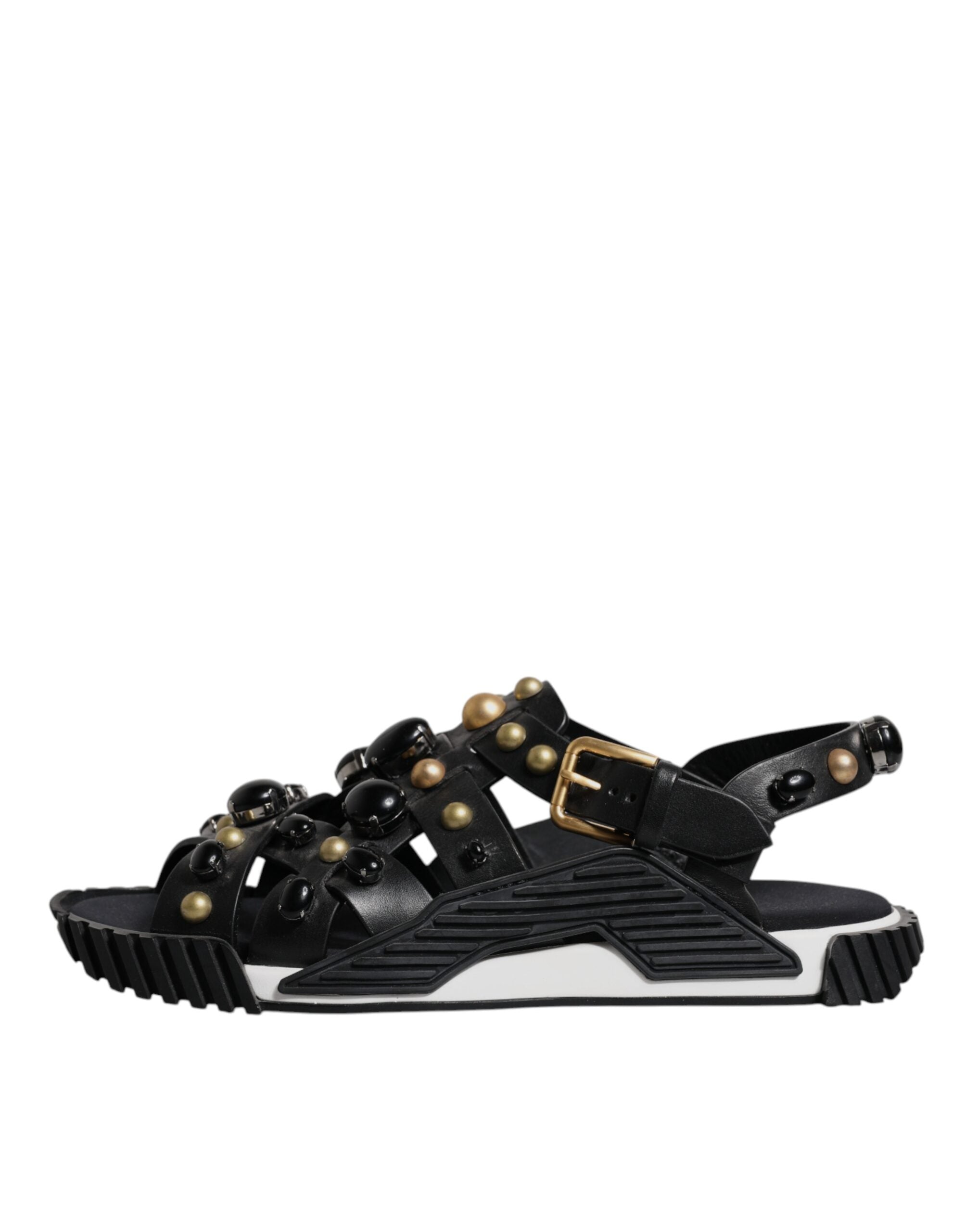 Dolce & Gabbana Black Leather Studded Slide Sandals Shoes