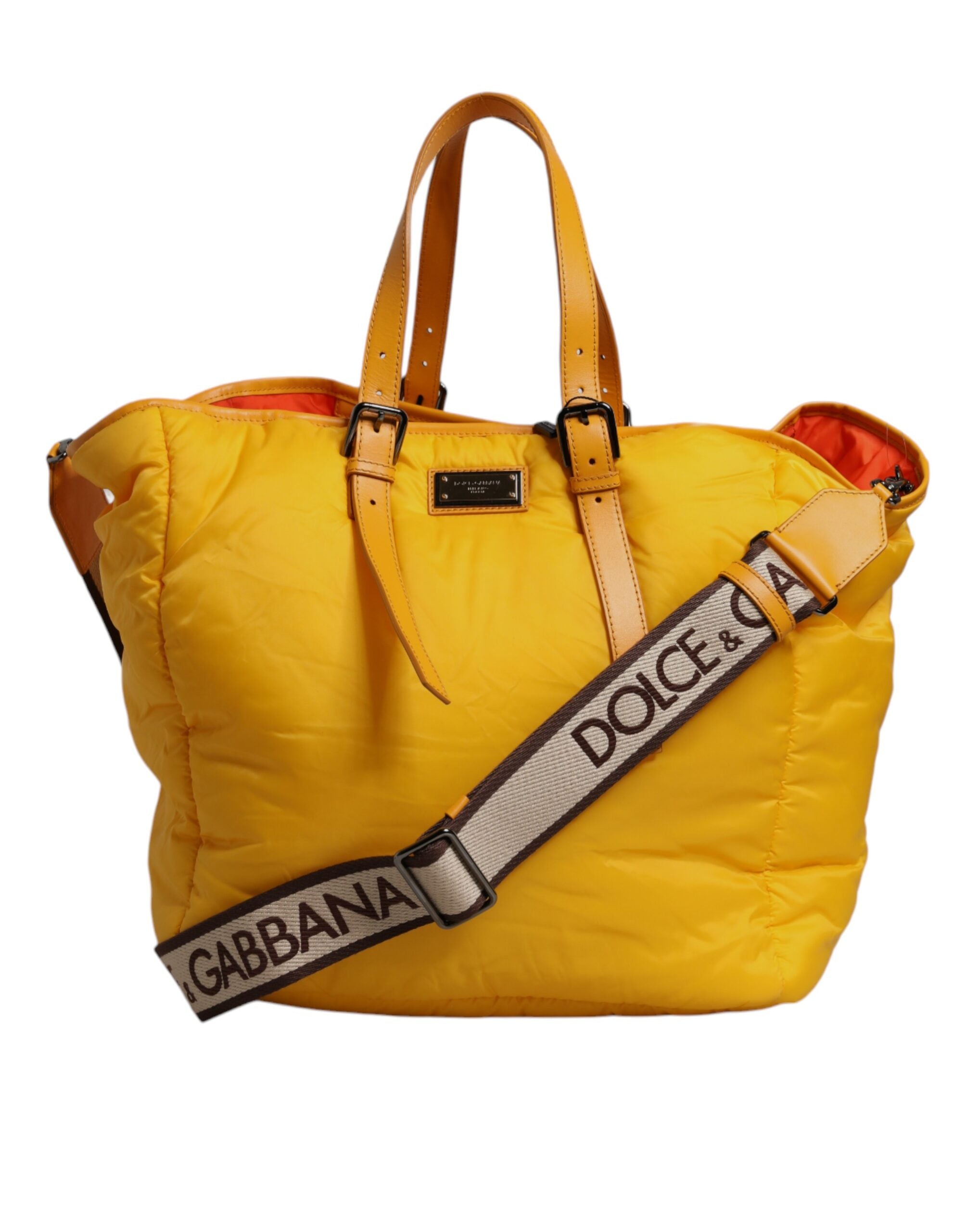 Dolce & Gabbana Gele Oranje Nylon Logo Plaque Hand Schouder Duffel Tas