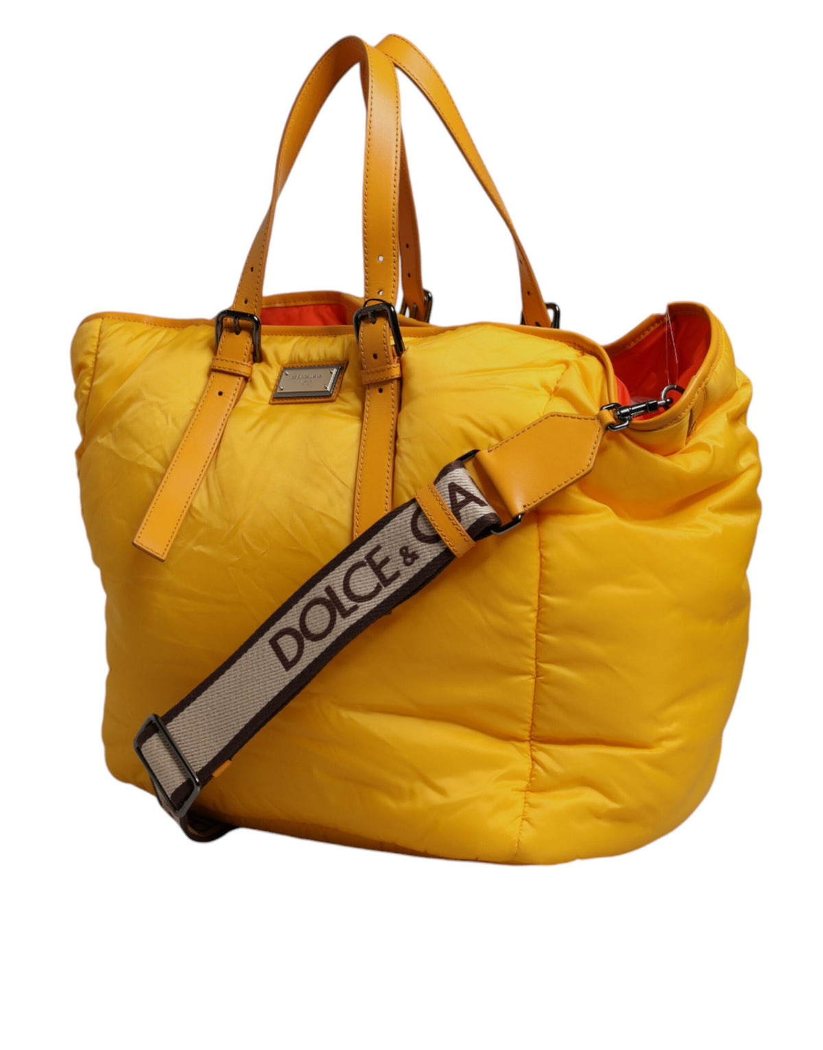 Dolce & Gabbana Gele Oranje Nylon Logo Plaque Hand Schouder Duffel Tas