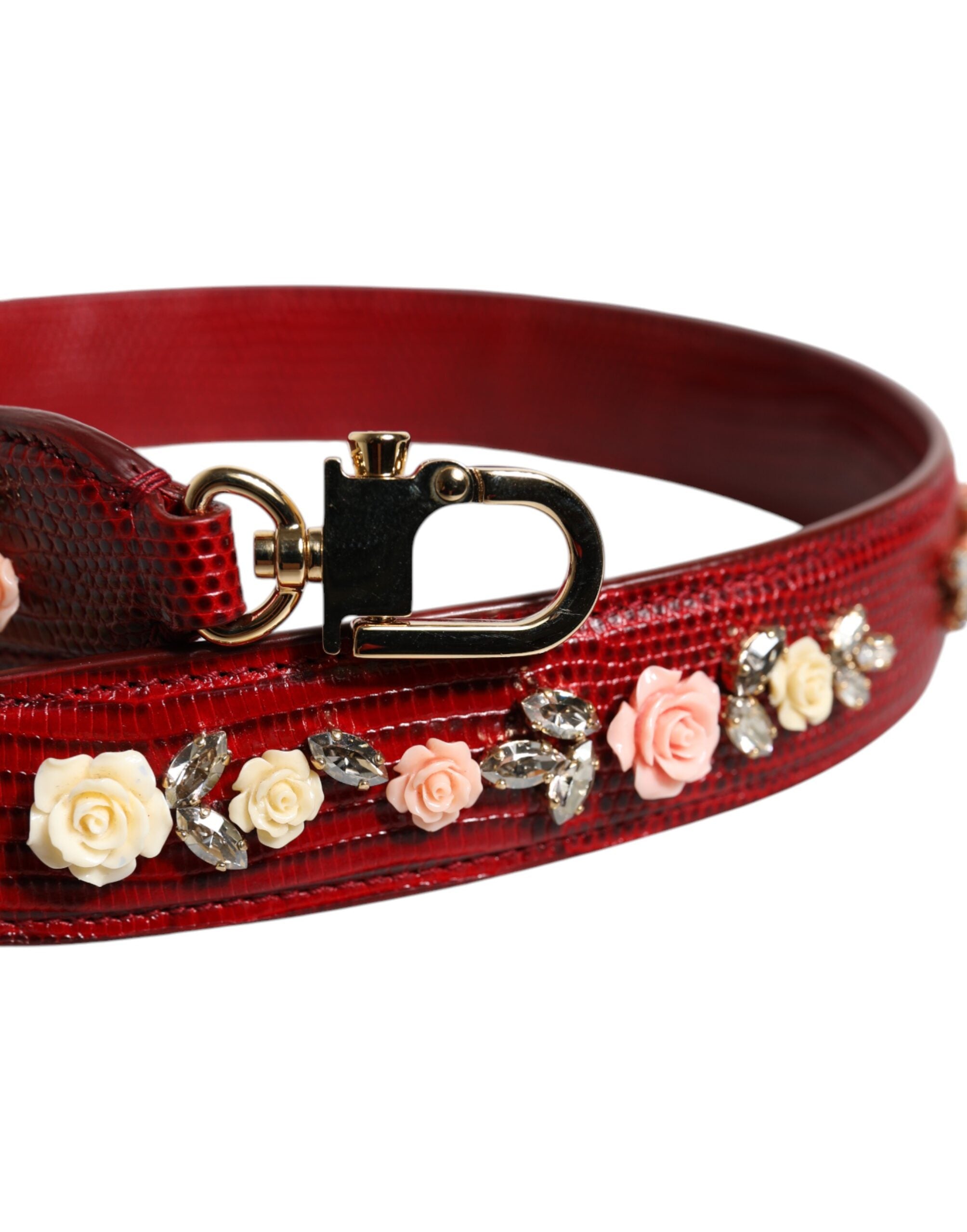Dolce & Gabbana Red Leather Floral Embellished Bag Shoulder Strap