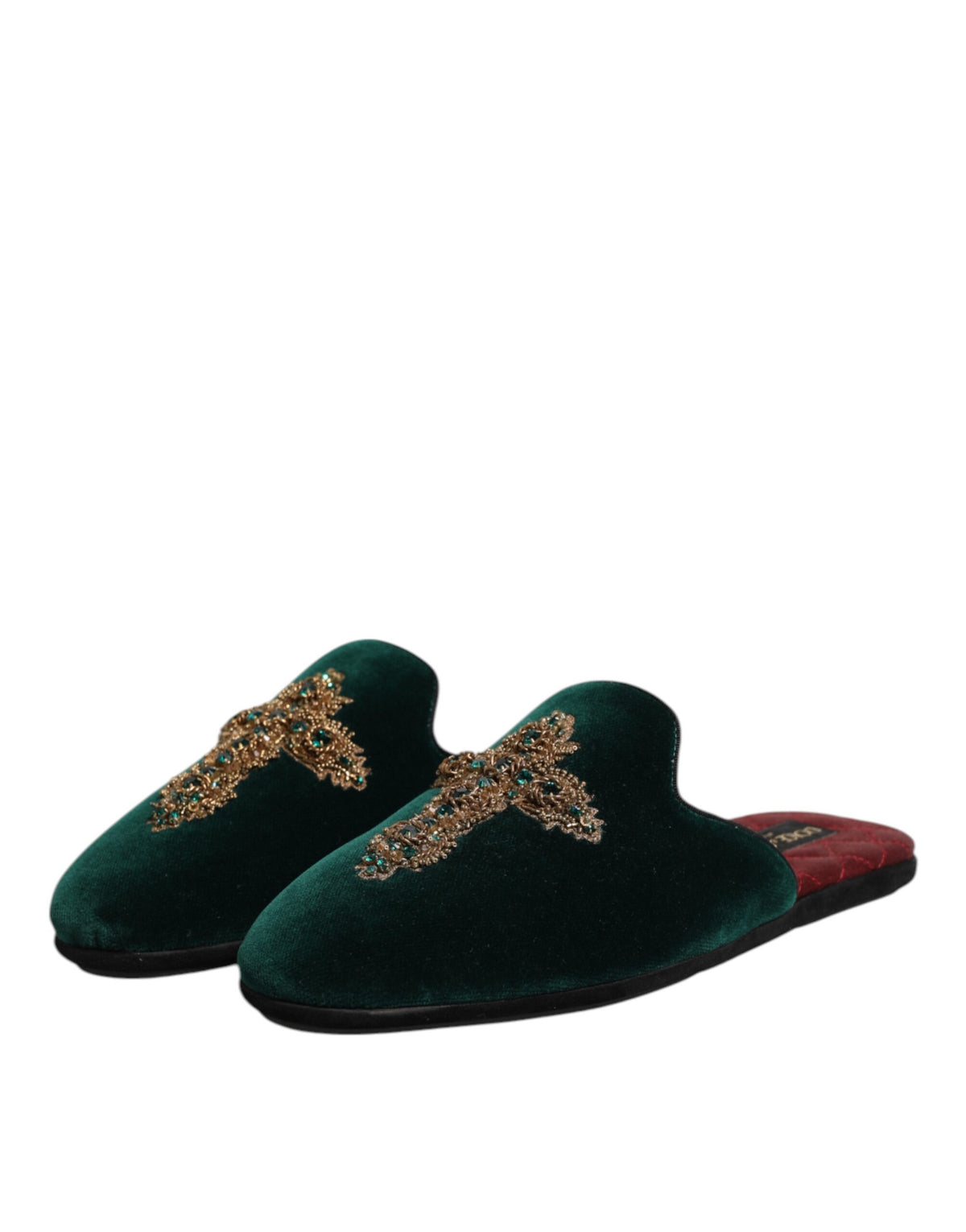 Dolce & Gabbana Groene Fluweel Kruis Versierde Muiltjes Schoenen