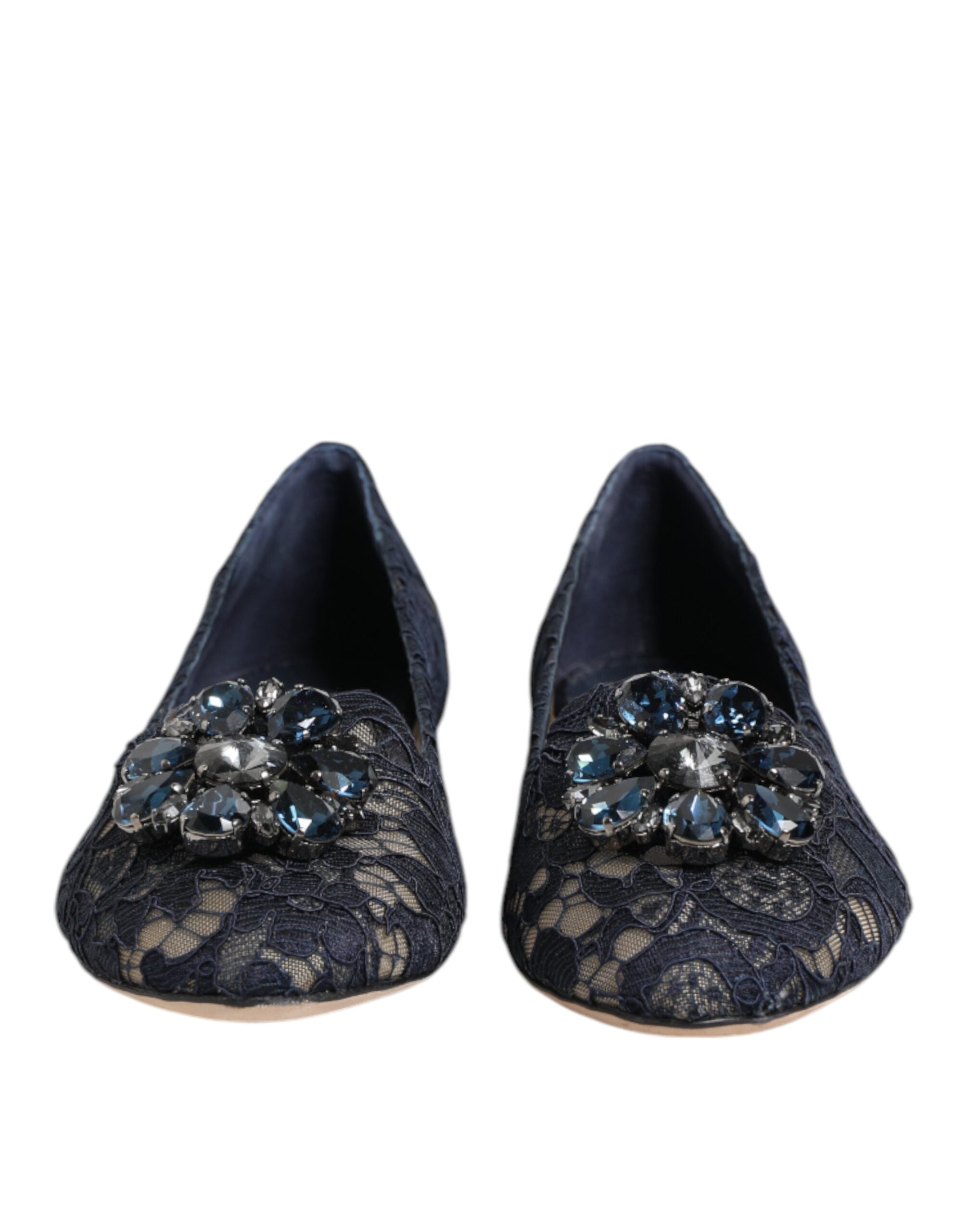 Dolce & Gabbana Blue Taormina Lace Crystals Flat Shoes