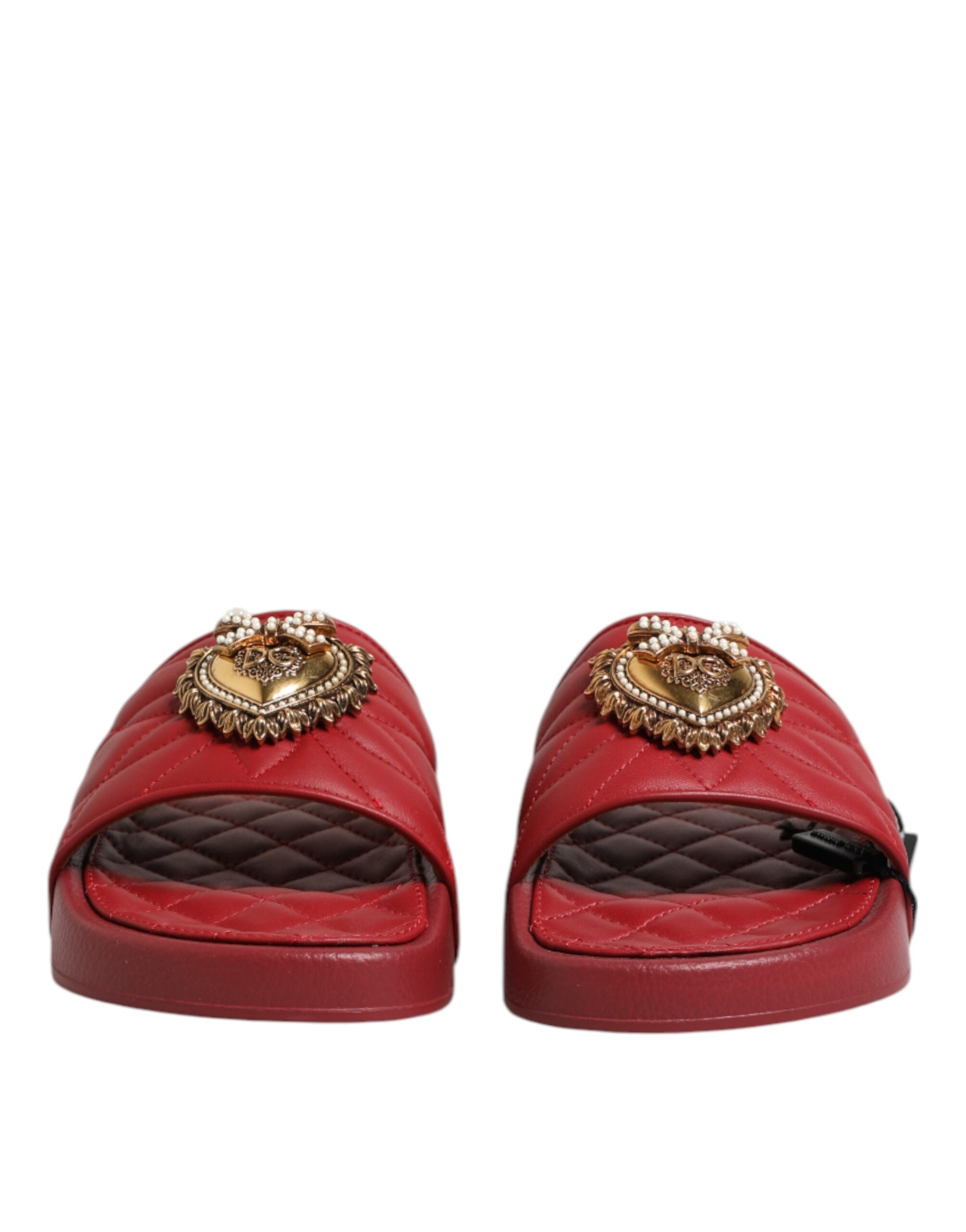 Dolce & Gabbana Red Devotion Quilted Leather Slides Shoes