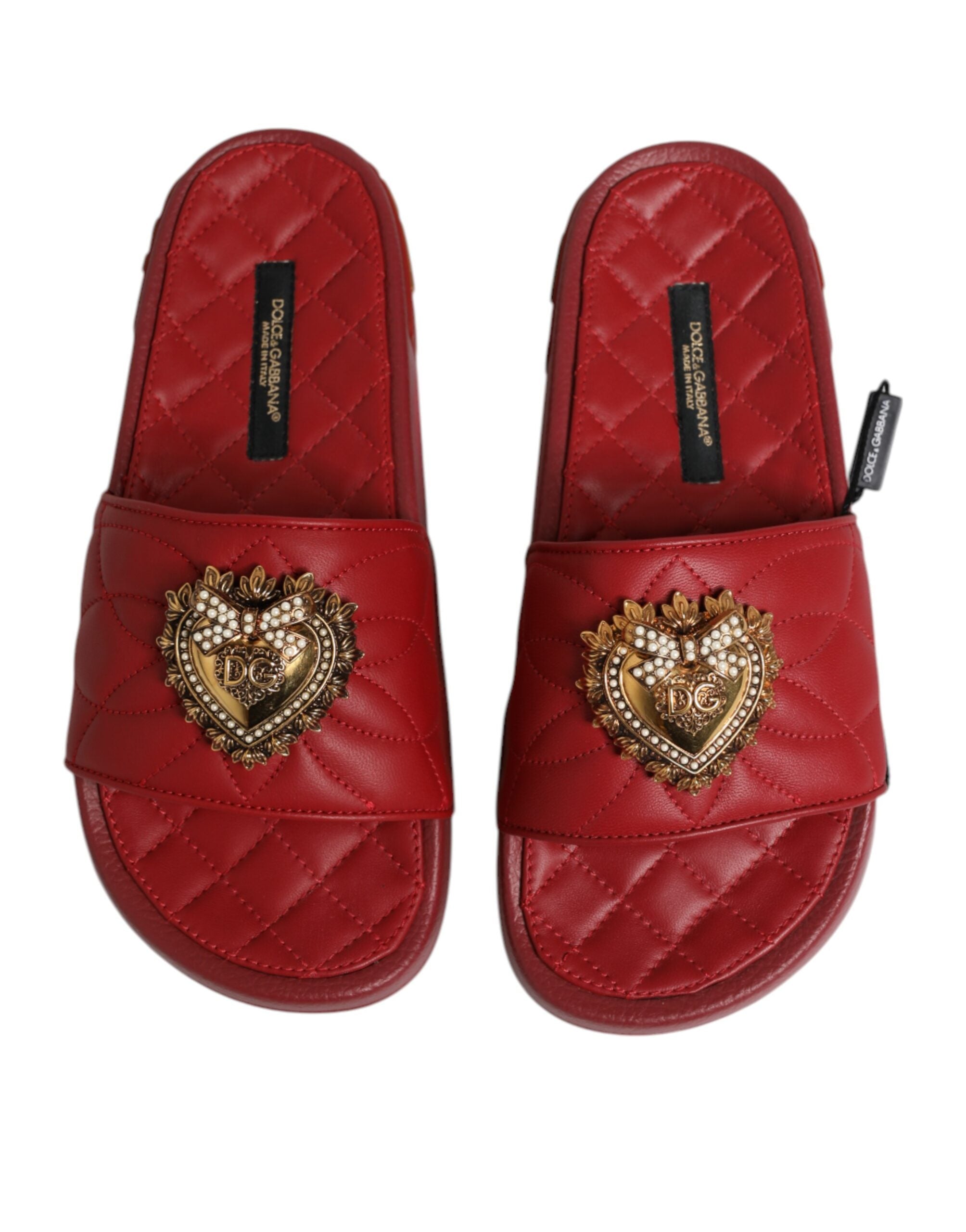 Dolce & Gabbana Red Devotion Quilted Leather Slides Shoes